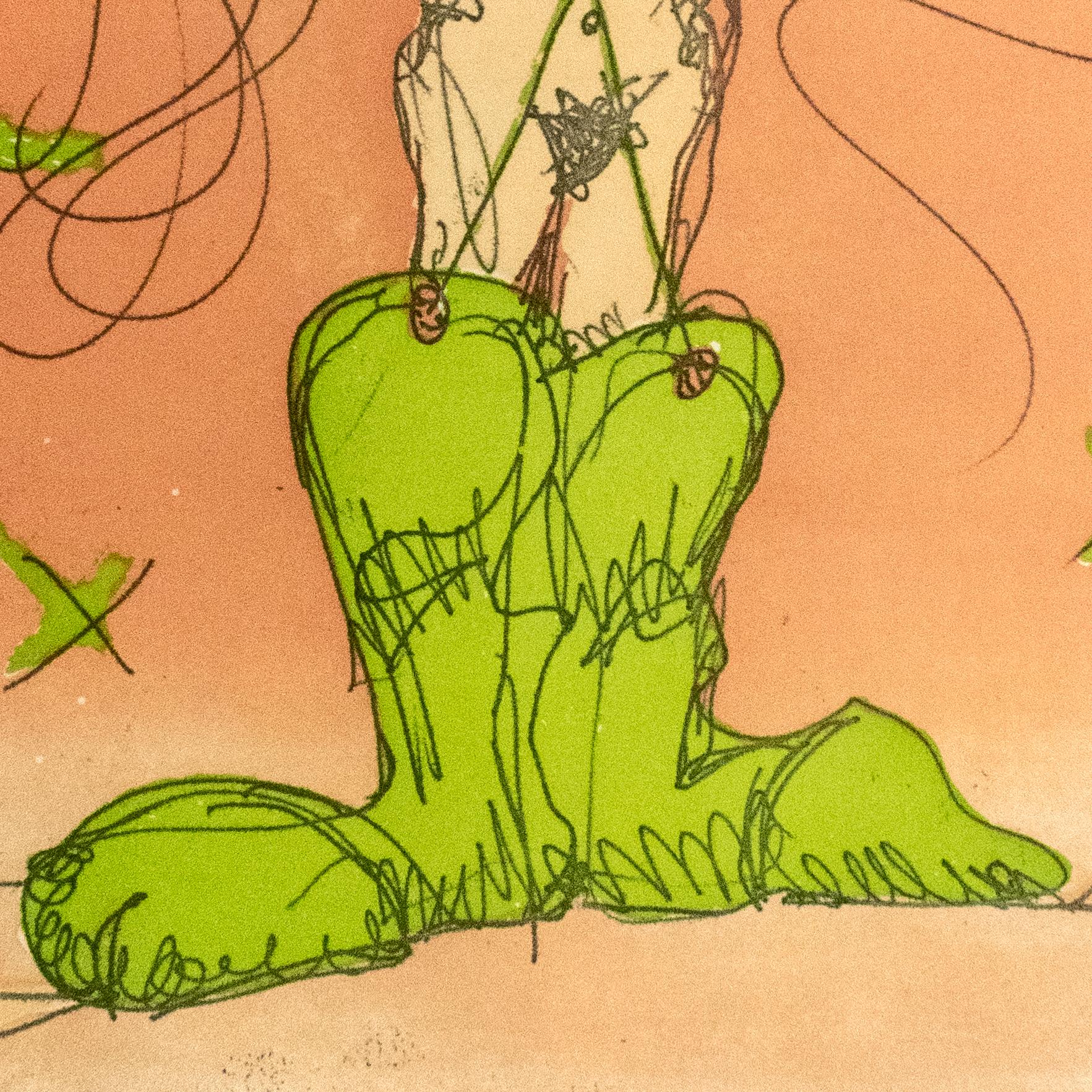 This playful, erotic print by Claes Oldenburg features a nude woman in outsized lime green cowboy boots standing with hands on hips. Wild lines radiating from the crown of her head are accented with bright green to form a wide hat, against a peach