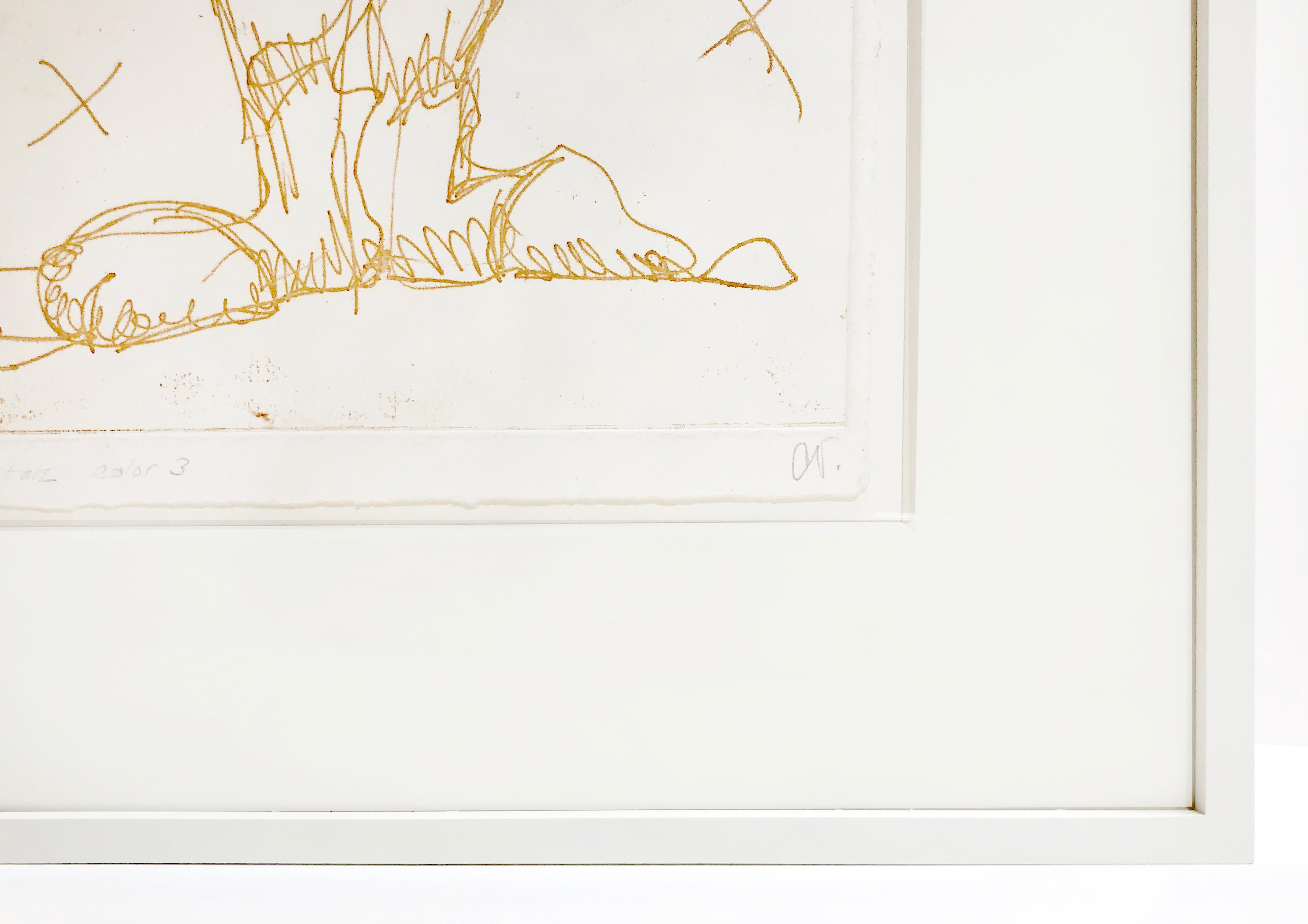 This playful, erotic print by Claes Oldenburg is printed in shimmering gold. A nude woman in outsized cowboy boots stands with hands on hips, an X scribbled on either side of her torso. Wild lines radiating from the crown of her head form a wide