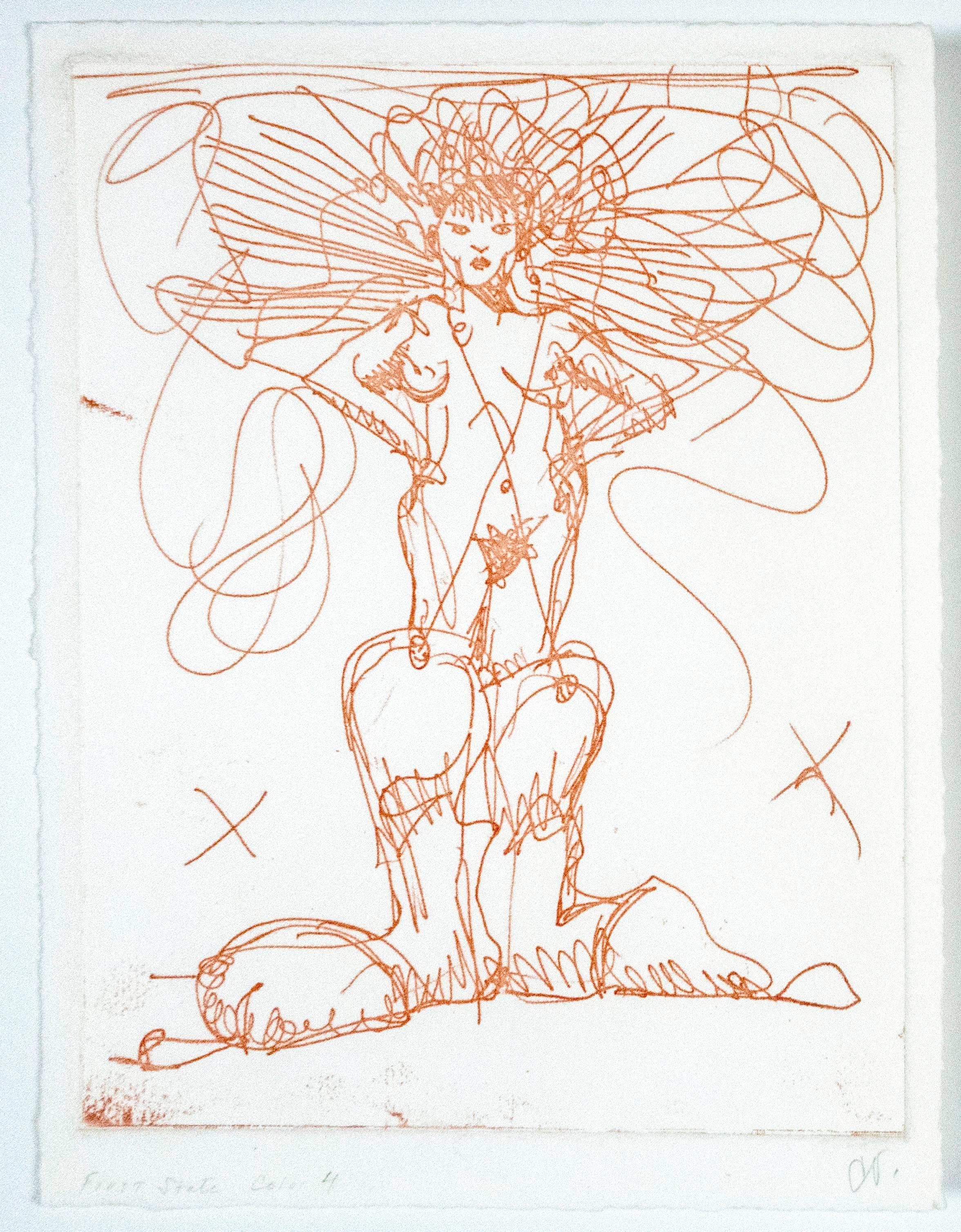 Eine einzigartige, unveröffentlichte Grafik von Claes Oldenburg. Dieser verspielte, erotische Druck ist in schimmerndem Gold gedruckt. Eine nackte Frau in überdimensionalen Cowboystiefeln steht mit den Händen in den Hüften, ein X ist auf jede Seite