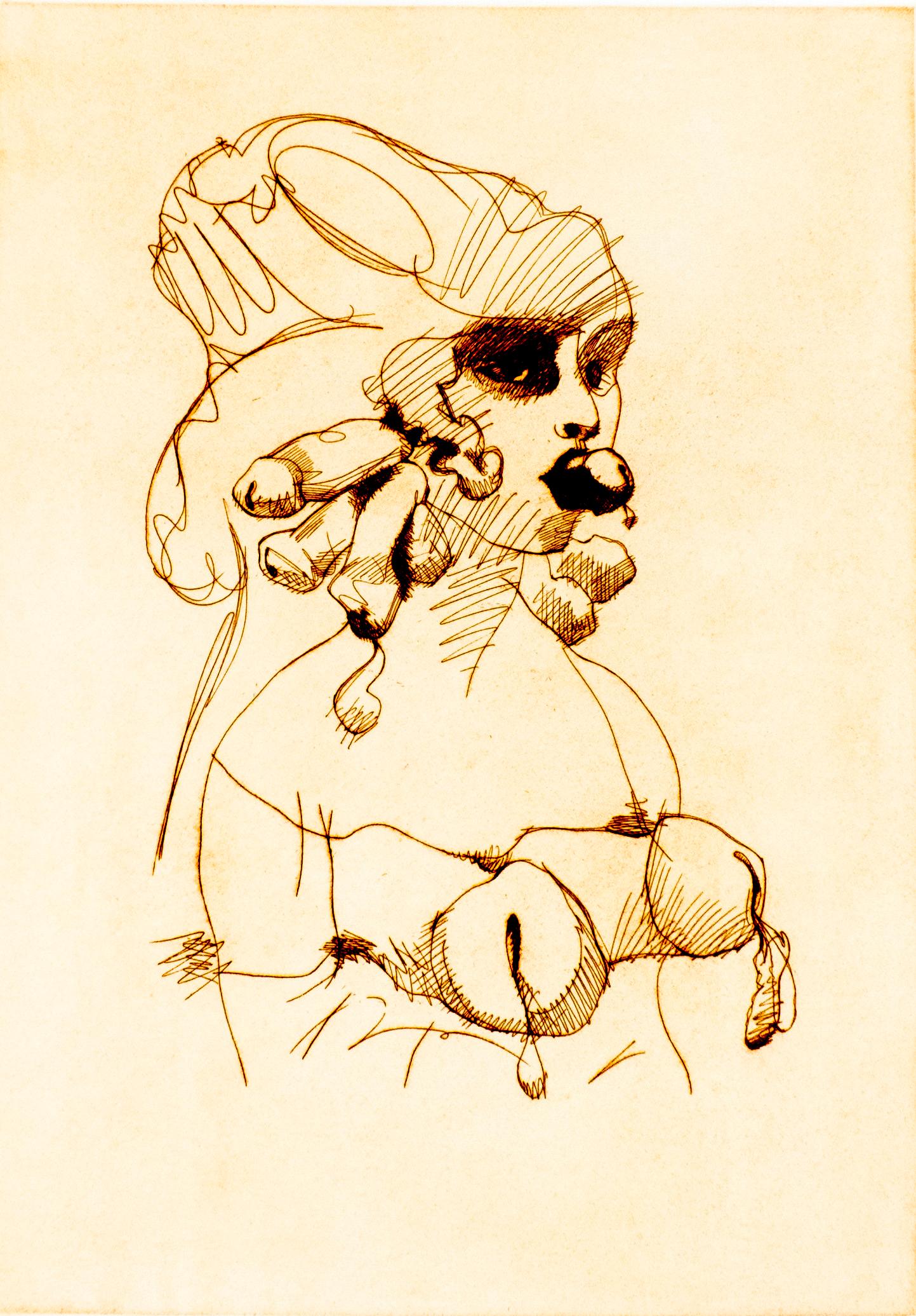 Imprimée en bleu astral, cette gravure représente une femme nue à partir de la taille. Émergeant de ses lèvres en arc de cupidon, l'extrémité d'un phallus imite un bâillon, et sur sa poitrine, deux lignes imitent des attaches fétichistes ou de