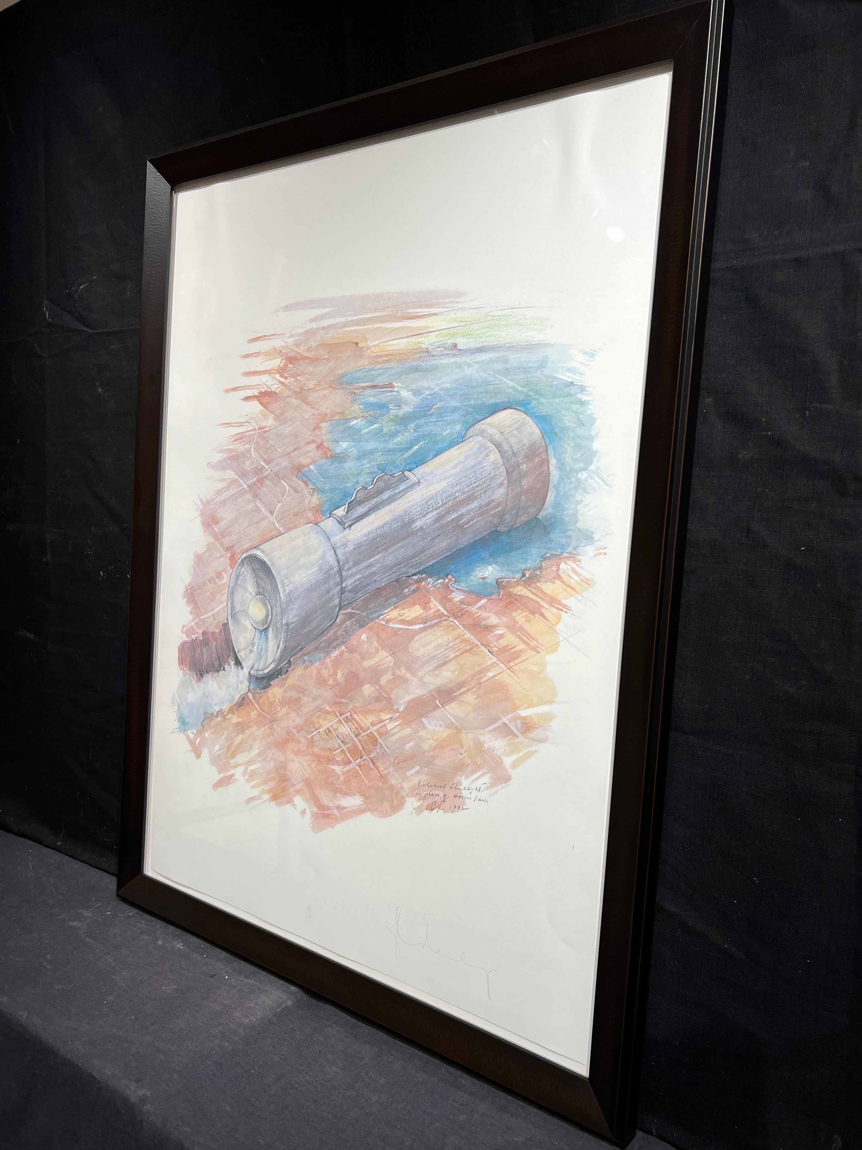 Colossal Flashlight in Place of Hoover Dam - Gray Abstract Print by Claes Oldenburg