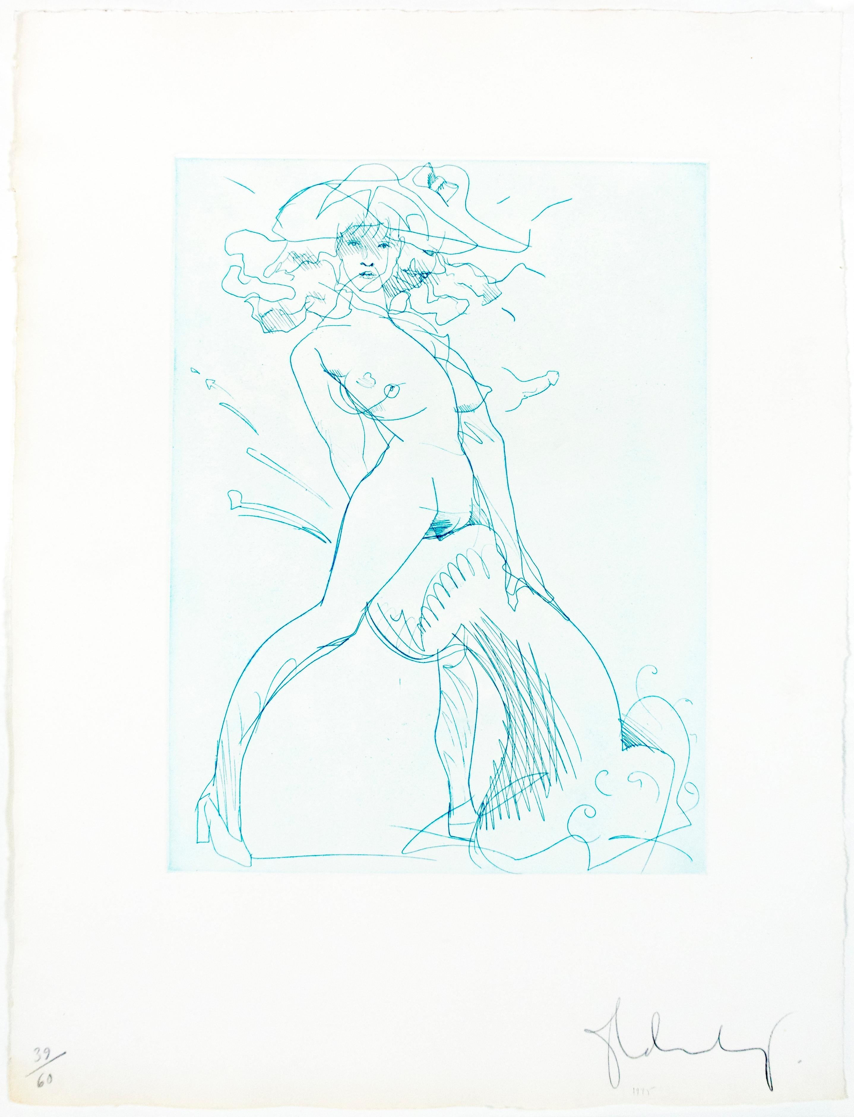 Figure and Phallus: erotic nude drawing of woman in heels in rainbow of colors - Print by Claes Oldenburg