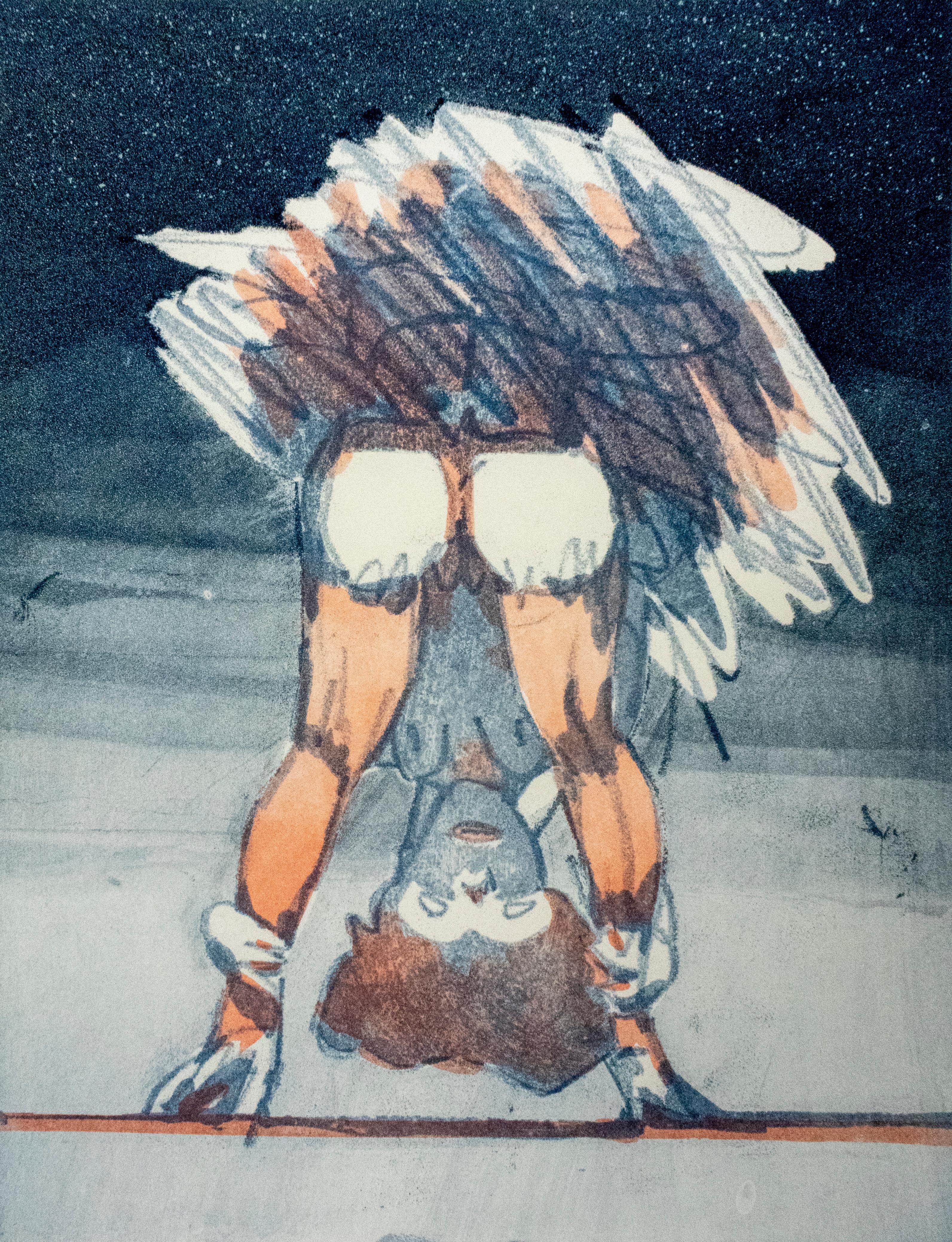 Figure Looking through Legs Claes Oldenburg nude etching of woman in skirt