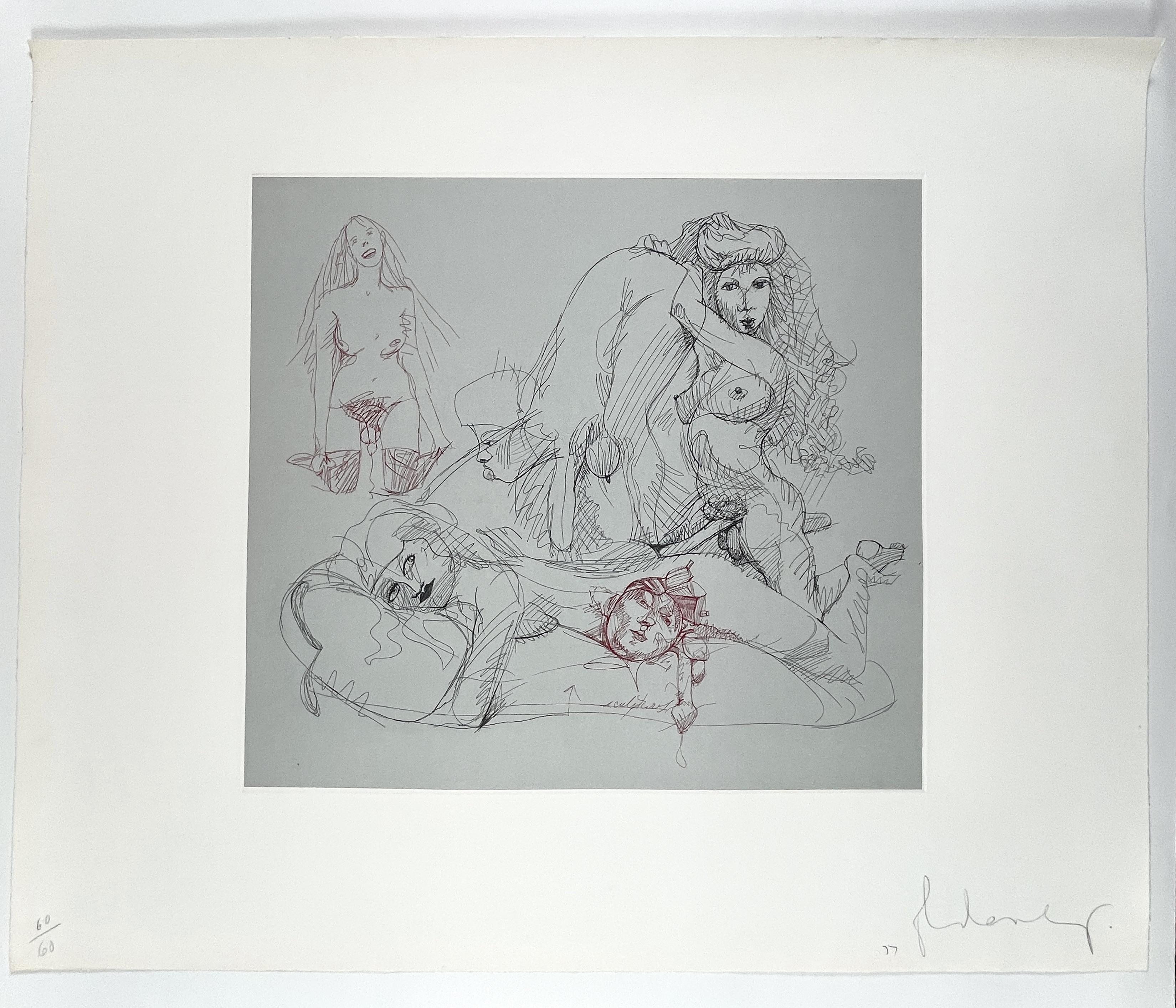 Vier Figuren und ein Kopf, auf riesigem Phallus von Claes Oldenburg, erotische Aktszene im Angebot 1