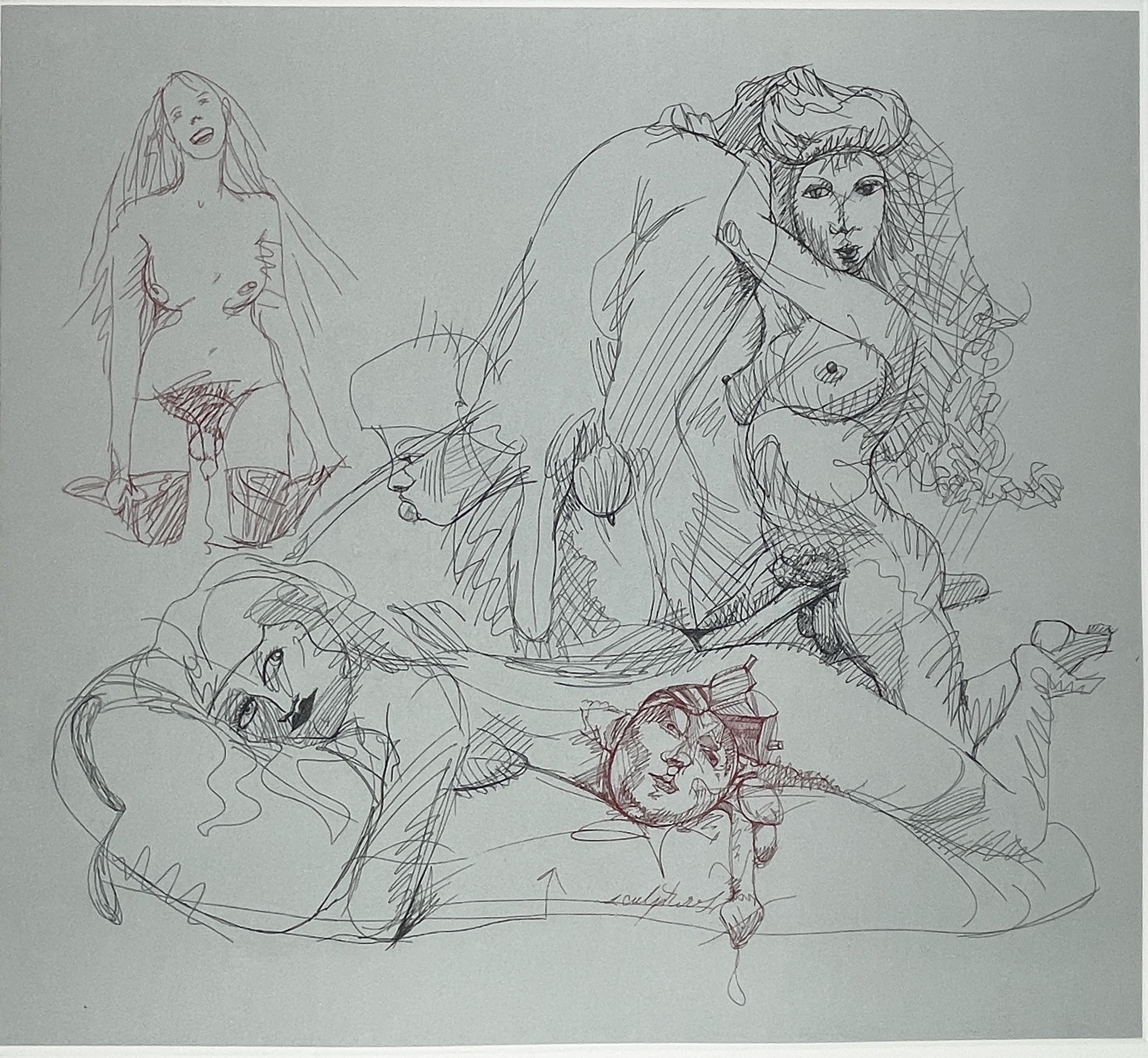 Cette scène sensuelle et ludique est caractéristique de l'œuvre d'Oldenburg : un véritable amoncellement de femmes affichant diverses expressions de joie et de coquetterie. Les esquisses ont été dessinées directement sur la plaque par l'artiste, un