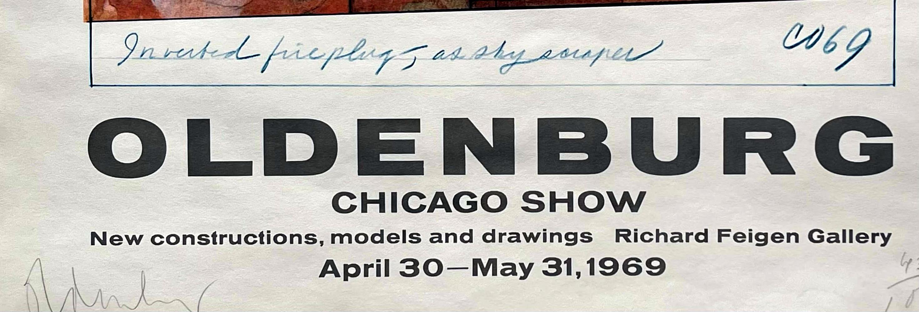 Claes Oldenburg
OLDENBURG Exposition de Chicago : Inverted Fireplug as Skyscraper (Lithographie signée à la main), 1969
Affiche lithographique offset à tirage limité
Crayon signé et numéroté de l'édition de 100 (43/100), porte également la signature