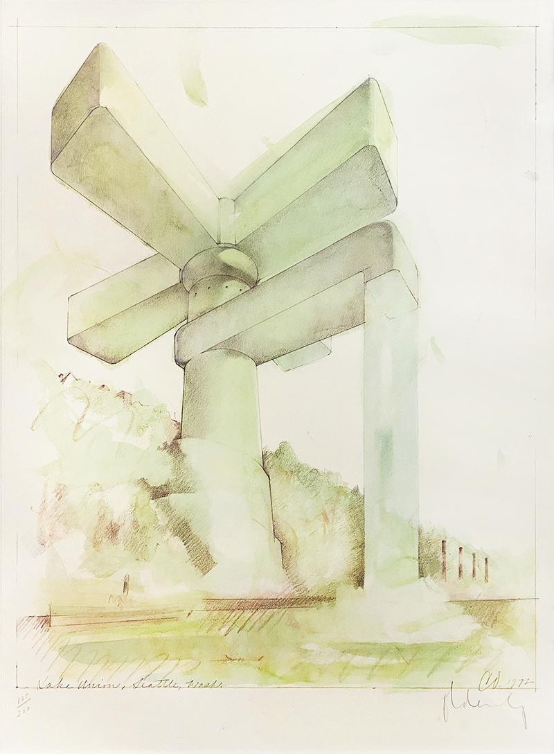 Claes Oldenburg Landscape Print - Proposal for a Cathedral in the Form of a Sink Faucet for Lake Union, Seattle WA