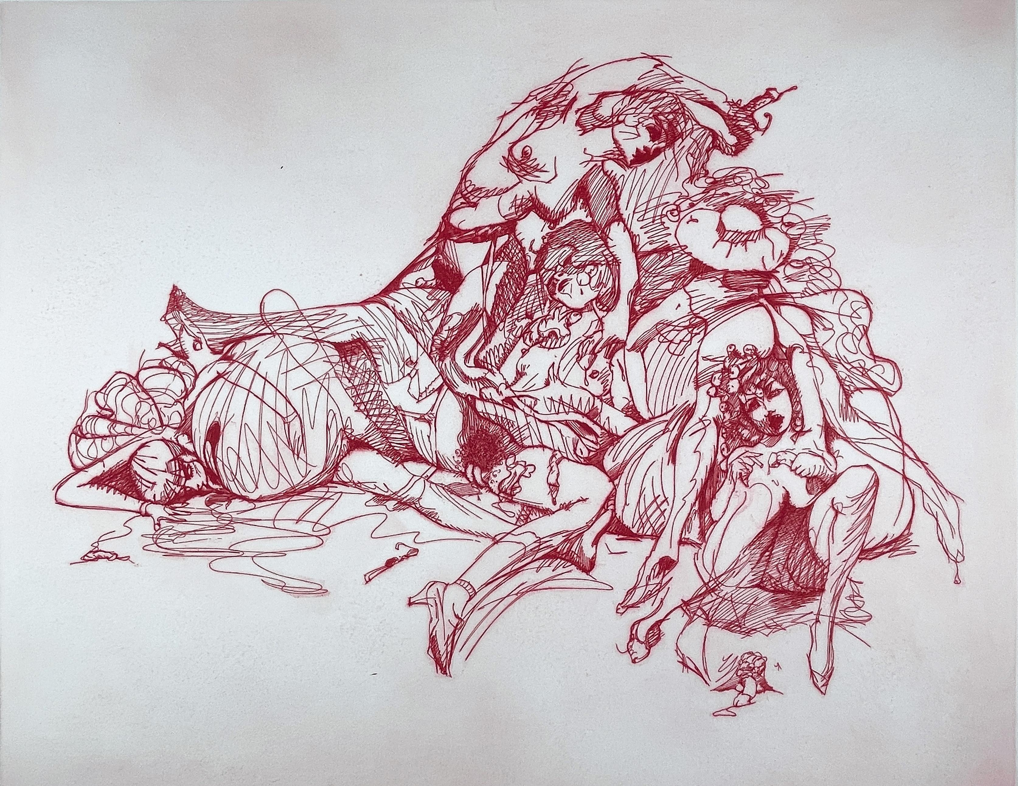 This sensuous and playful scene is characteristic of Oldenburg’s printmaking ouevre: a veritable heap of women displaying various expressions of ecstasy and repose. The loose sketches were drawn directly onto the plate by the artist, a master
