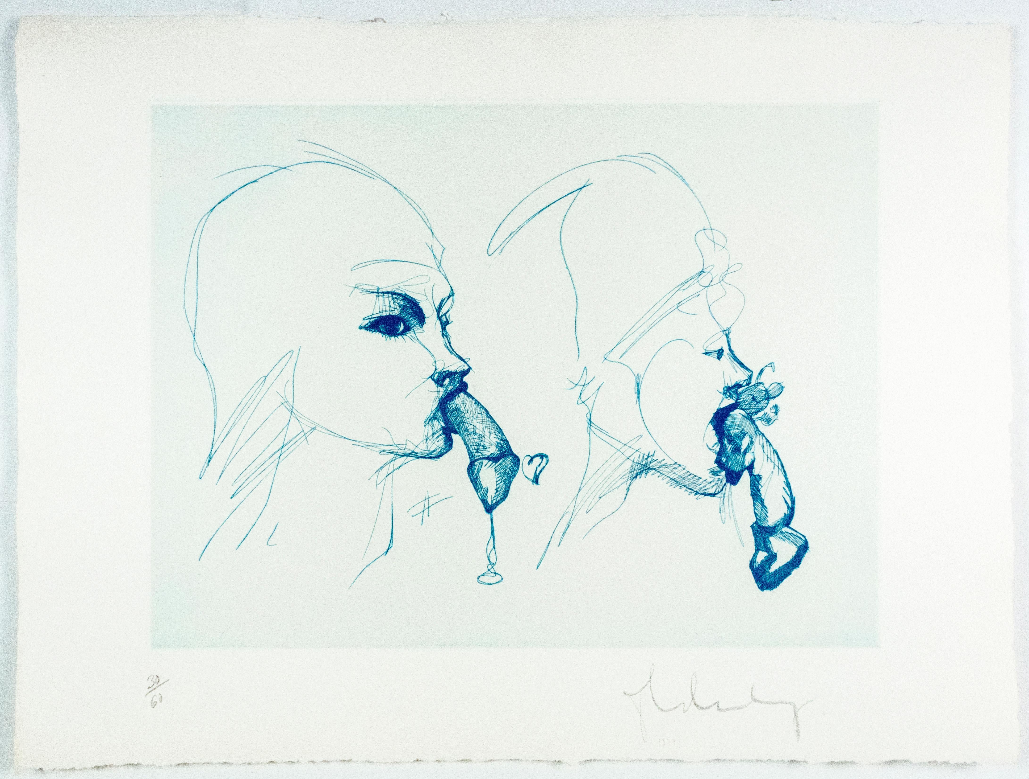 Claes Oldenburg: Verspielte erotische Radierung in Regenbogen von Farben, Profile im Angebot 1