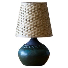 Claes Thell, Small Table Lamp, Glazed Stoneware, Rattan, Höganäs, Sweden, 1960s