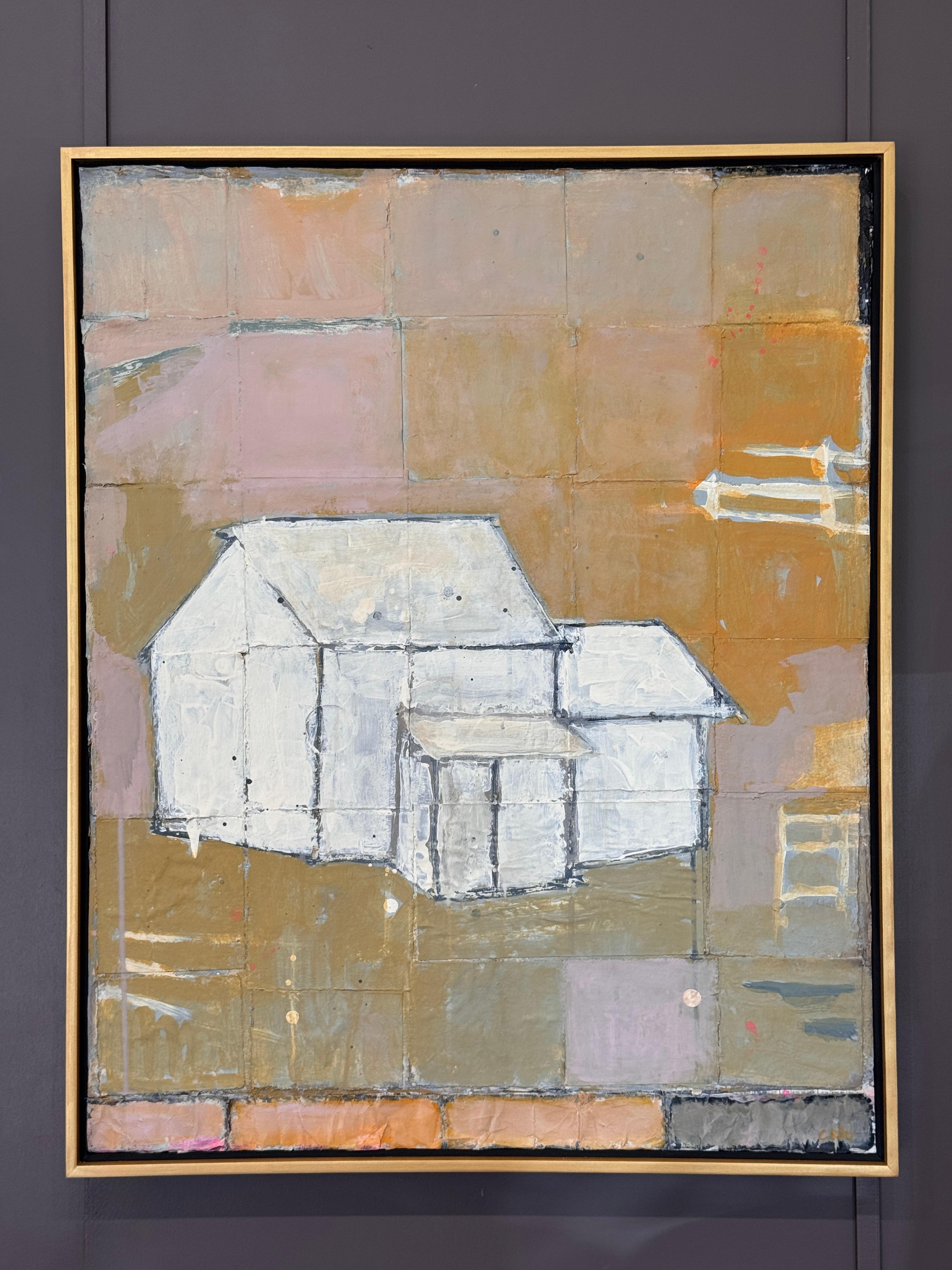 “House #4,” an acrylic and collage painting on canvas by Richmond artist Claiborne Riley. The composition layers muted tones and textured surfaces with a schematic outline of a house form, evoking architectural memory and abstraction.
