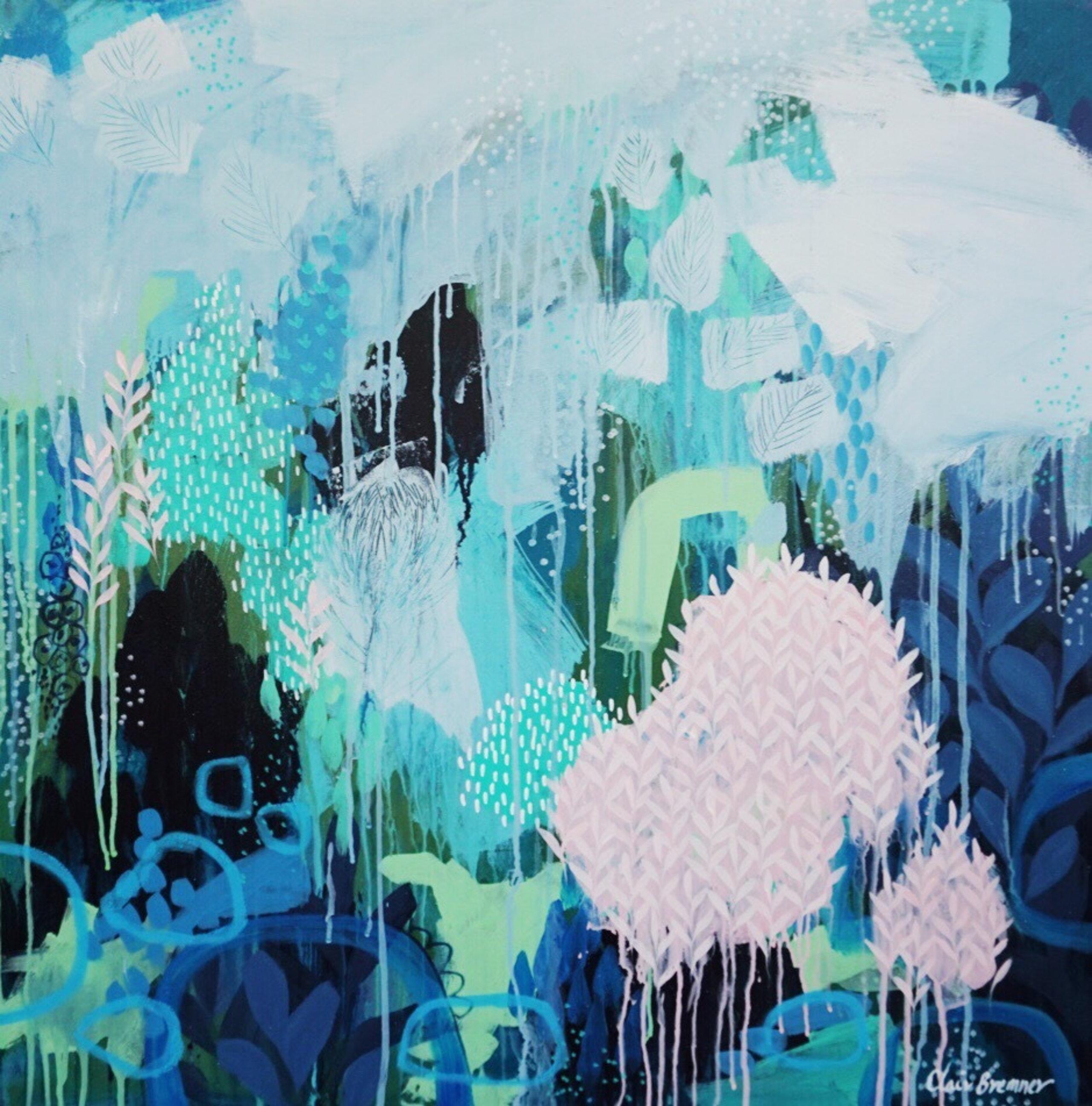 Acrylic on stretched canvas

Dreaming While Awake is an abstract expressionist painting inspired by nature and the Australian bush surrounding my home. A calming combination of blue, green and soft pink abstract forms with details of foliage and