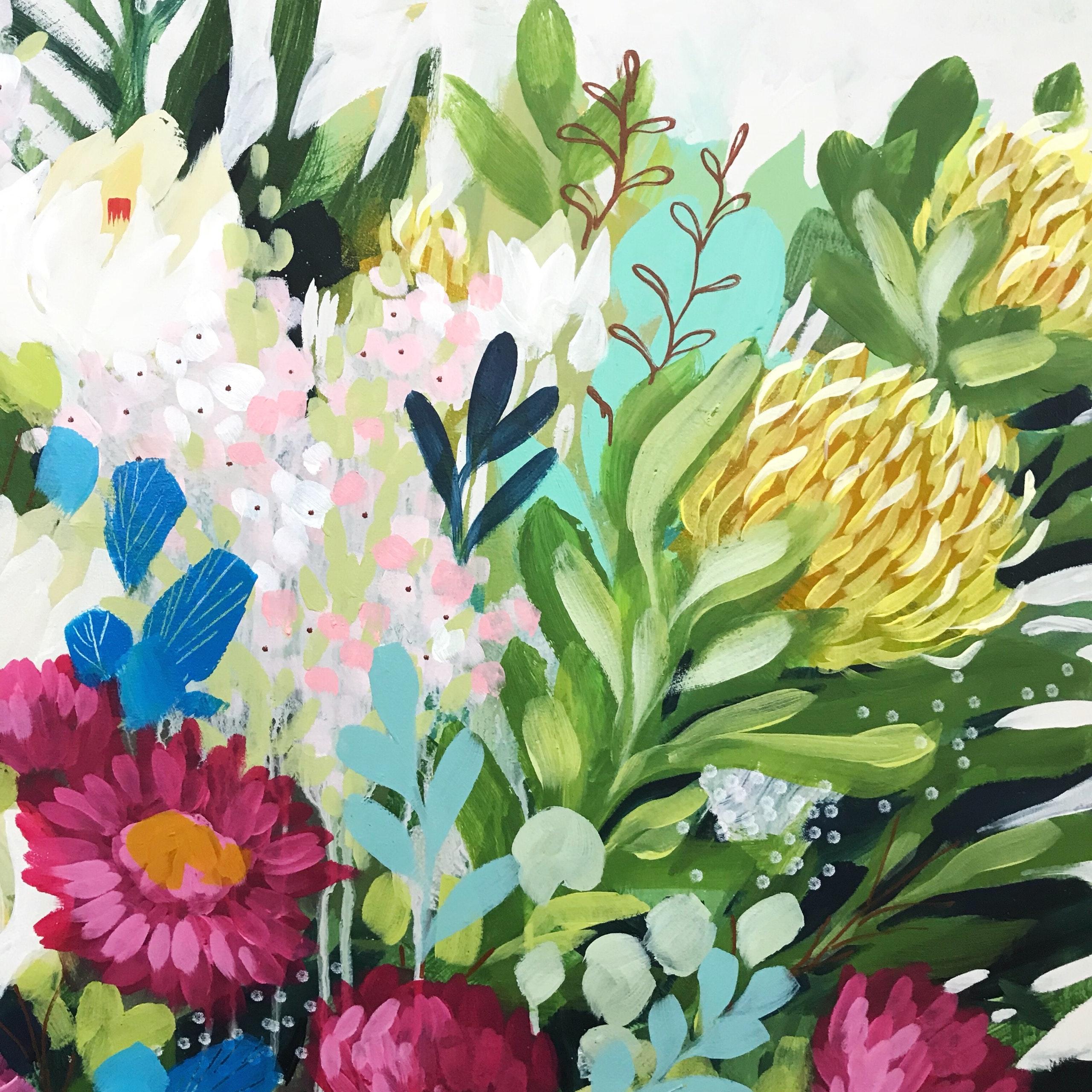 Paper Daisies and Protea 2 by Clair Bremner. Acrylic on canvas. Ready to hang. 2