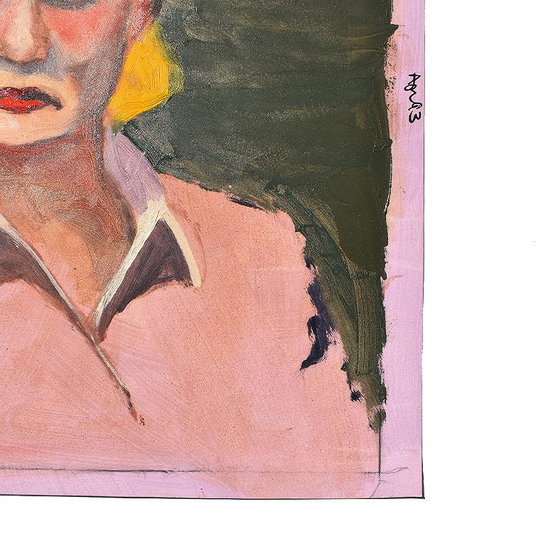 Doesn't this lovely piece remind you of the Notorious RBG? A lovely landscape portrait painting of a woman in pink which is one of our current favorite finds. The subject of this piece of artwork is a woman with reddish hair, pulled tightly back.