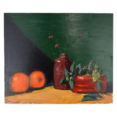 Clair Seglem Green Still Life Painting of Fruit and Flowers, Signed