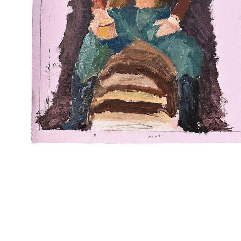 This lovely portrait painting depicts a cowboy sitting upon a stool. He wears blue jeans, black cowboy boots, a brown vest, a western cowboy hat, and a red vest. With fabulous texture and moody colors, the artist captures the portrait of the