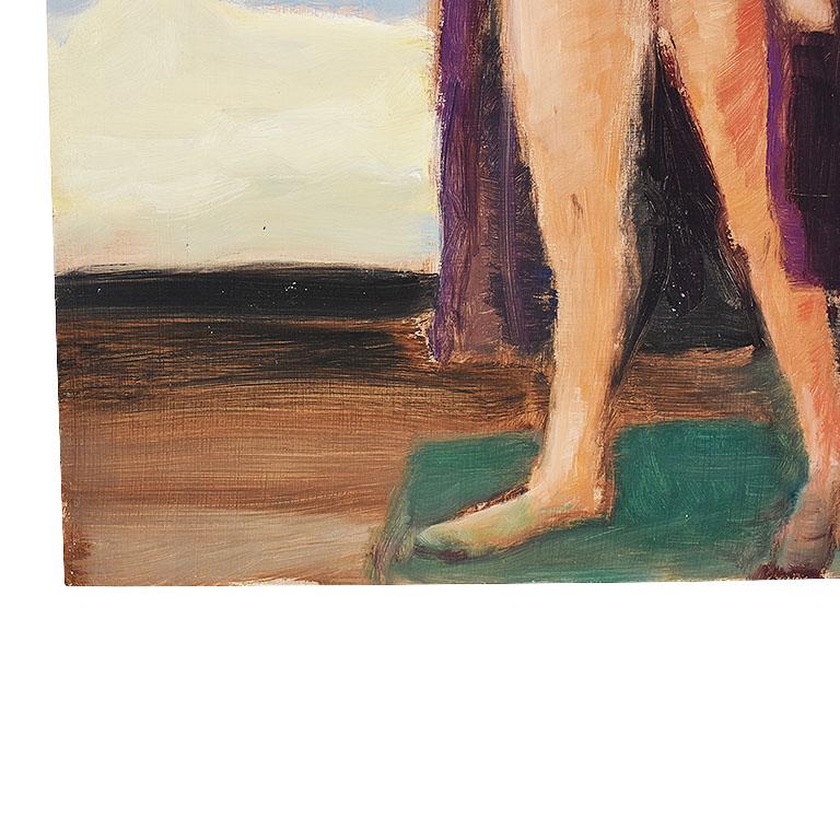 Original portrait painting of a nude woman in robe. This lovely piece of art is tall and captures a woman in an open purple gown. She has messy blonde hair that reaches her shoulders, and she stands on a wooden floor with a green rug. Many of Clair