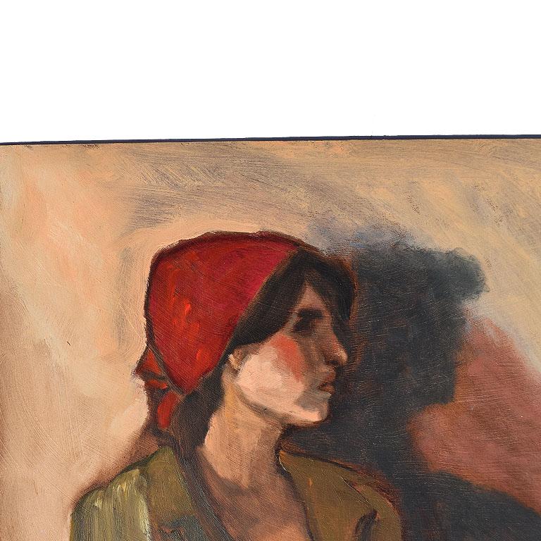 A tall portrait painting of a nude woman with a red headscarf. The subject of this painting sits casually upon a chair and looks to her left. She wears an army green open blouse and her dark brown hair is tied up with a red scarf. 

This piece is by