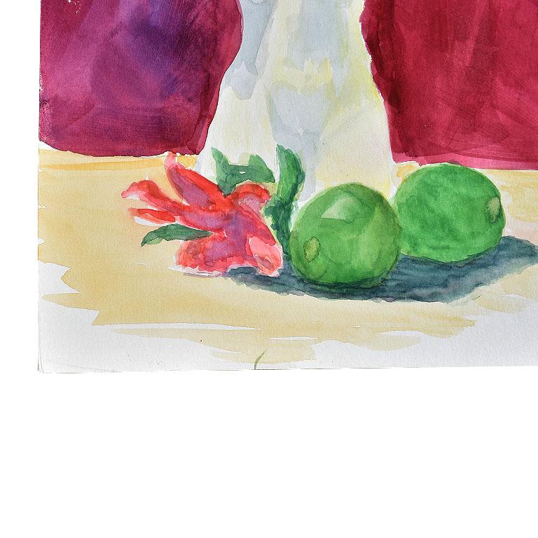 A small still life water color painting of an alabaster torso accented with flowers and limes on a bright magenta background. 

This piece is by the late Oklahoma artist and retired Air Force man Clair Seglem. Seglem painted into his 90s before