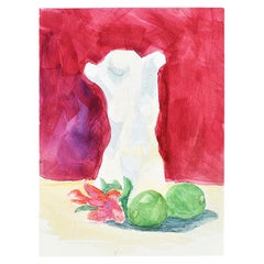 Vintage Clair Seglem Watercolor Painting of Marble Torso on Magenta Background