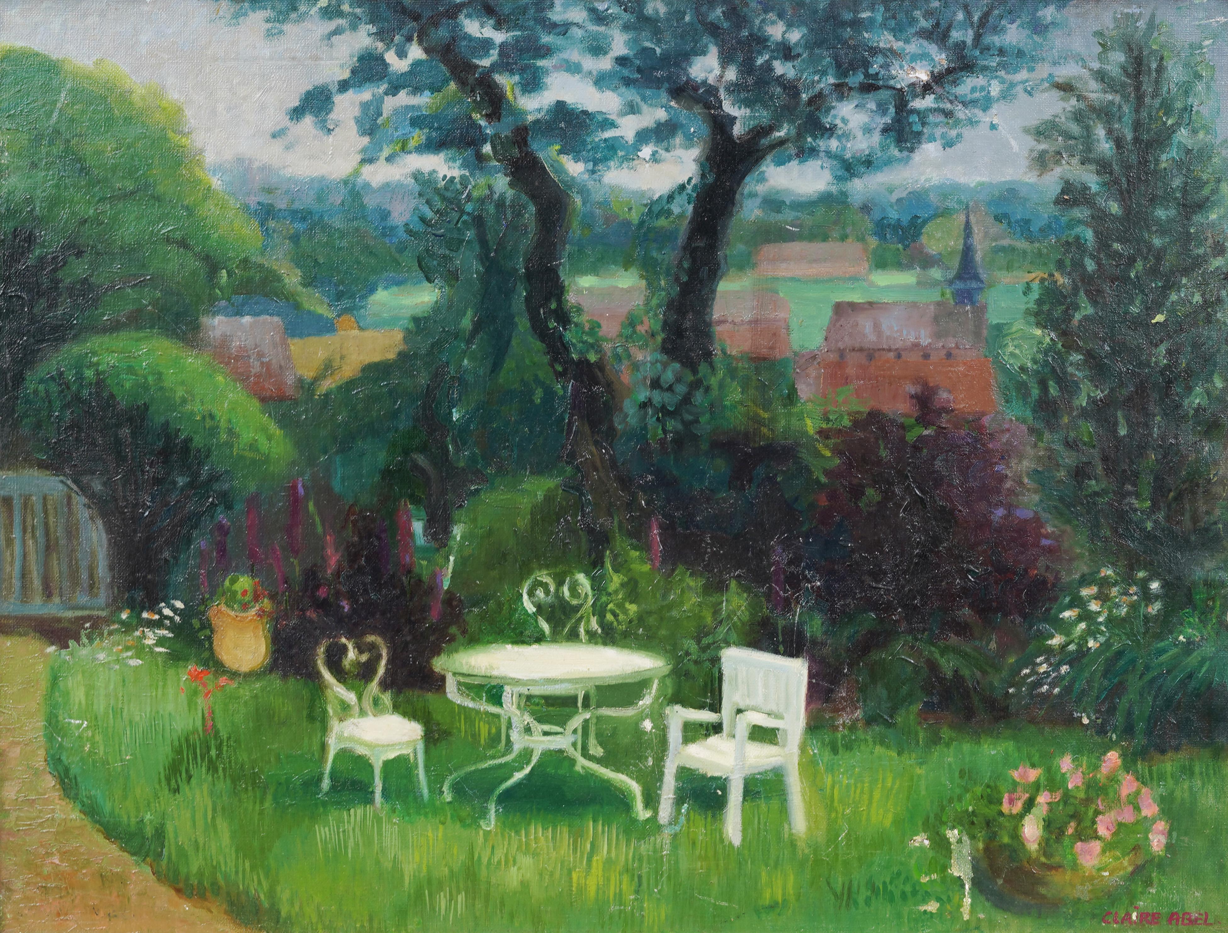 Antico dipinto ad olio di scuola americana con cornice e firma Modernist Picnic Landscape - Painting Moderno di Claire Abel