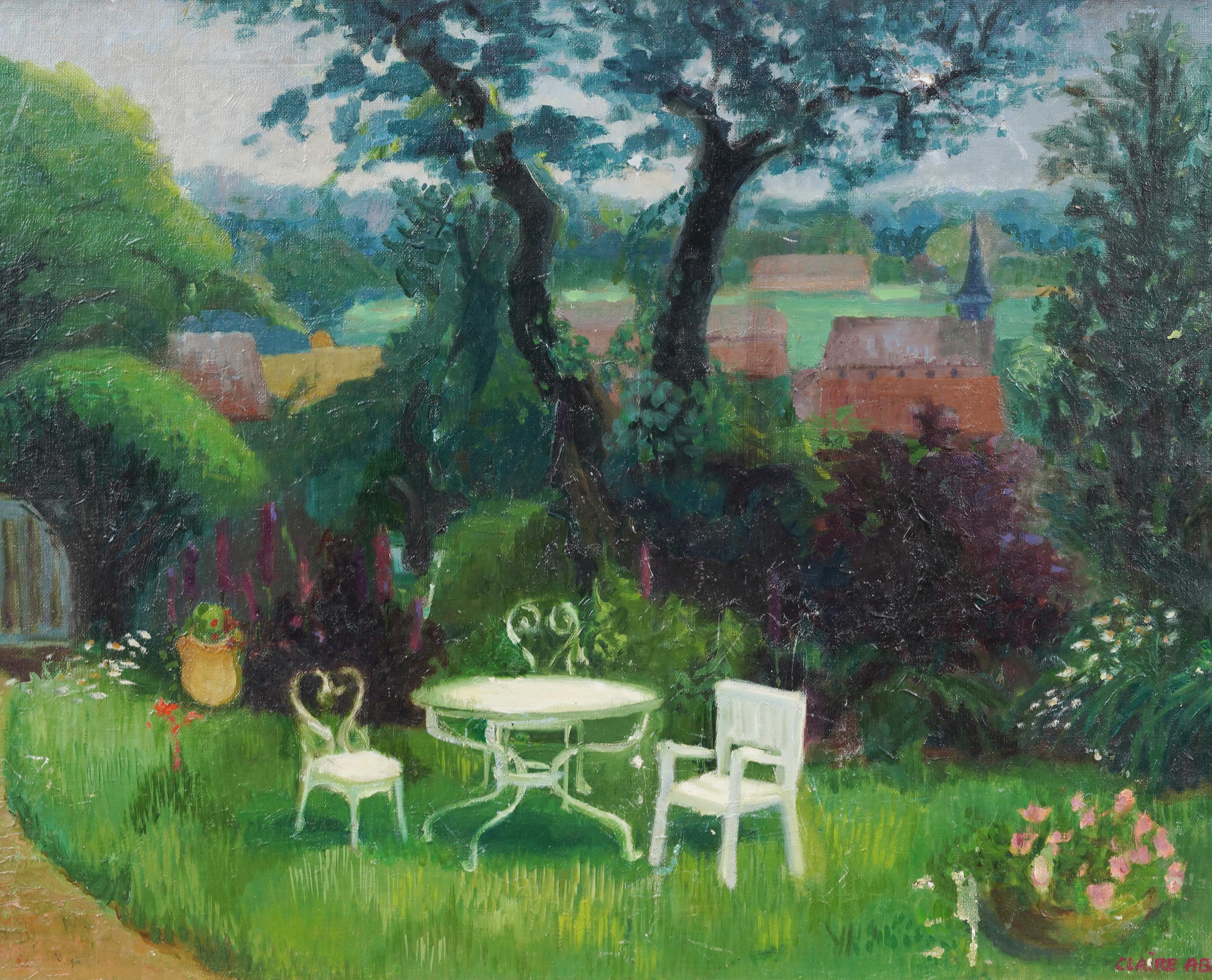 Antico dipinto ad olio di scuola americana con cornice e firma Modernist Picnic Landscape - Abstract Painting Grigio di Claire Abel