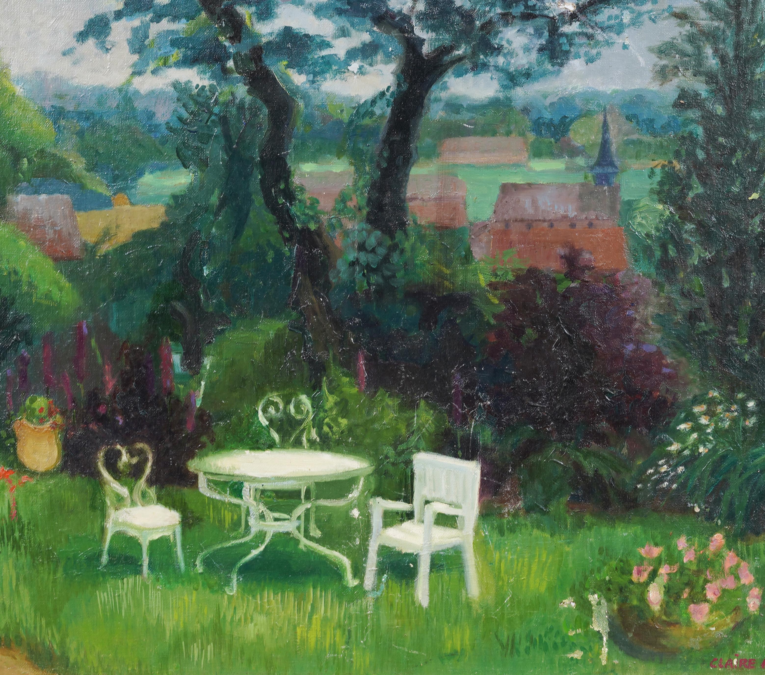 Antico dipinto ad olio di scuola americana con cornice e firma Modernist Picnic Landscape 1
