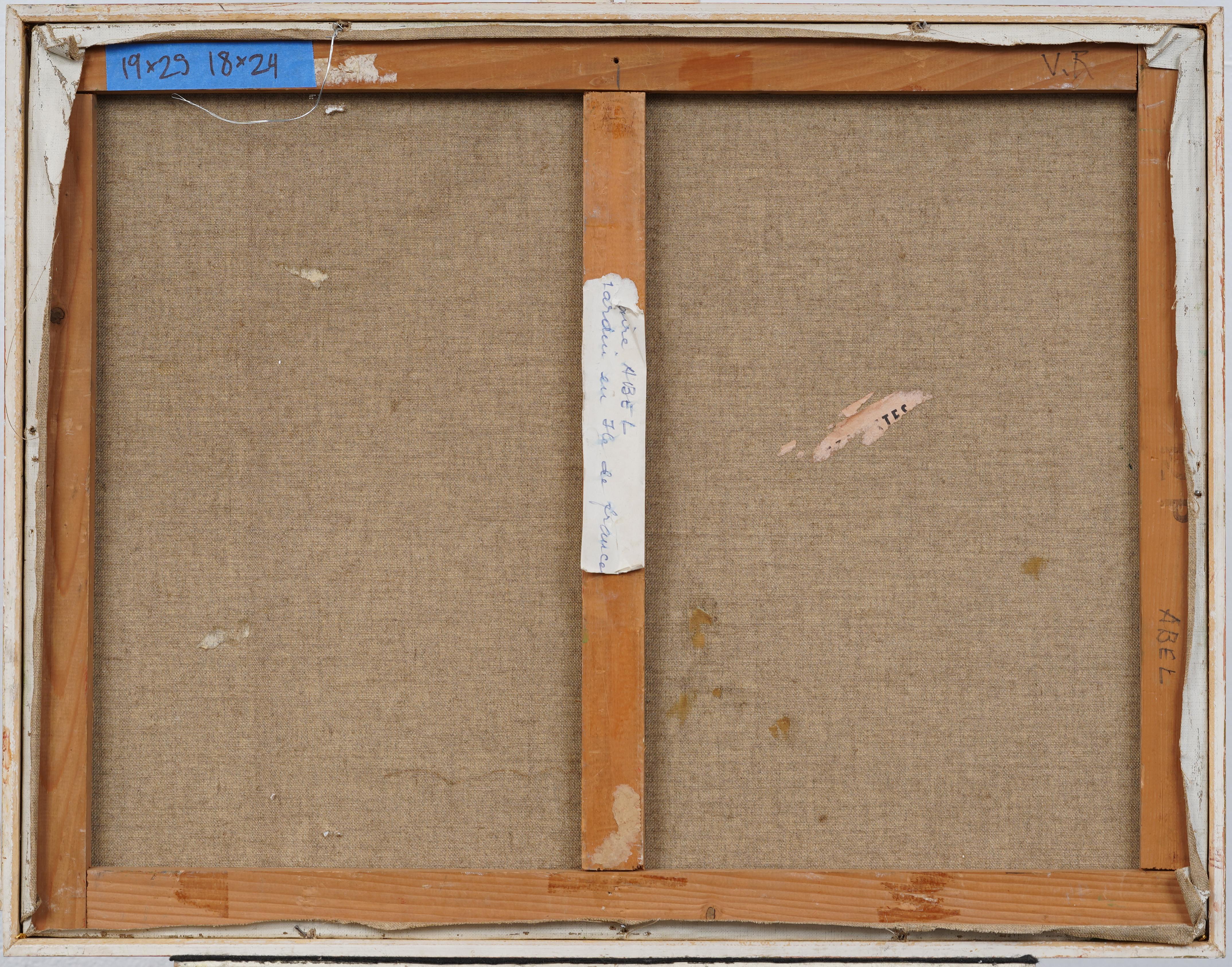 Antico dipinto ad olio di scuola americana con cornice e firma Modernist Picnic Landscape 2