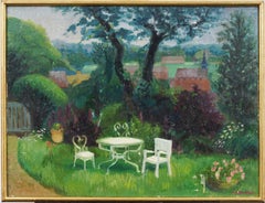 Antique American School Signed Modernist Picnic Landscape Framed Oil Painting