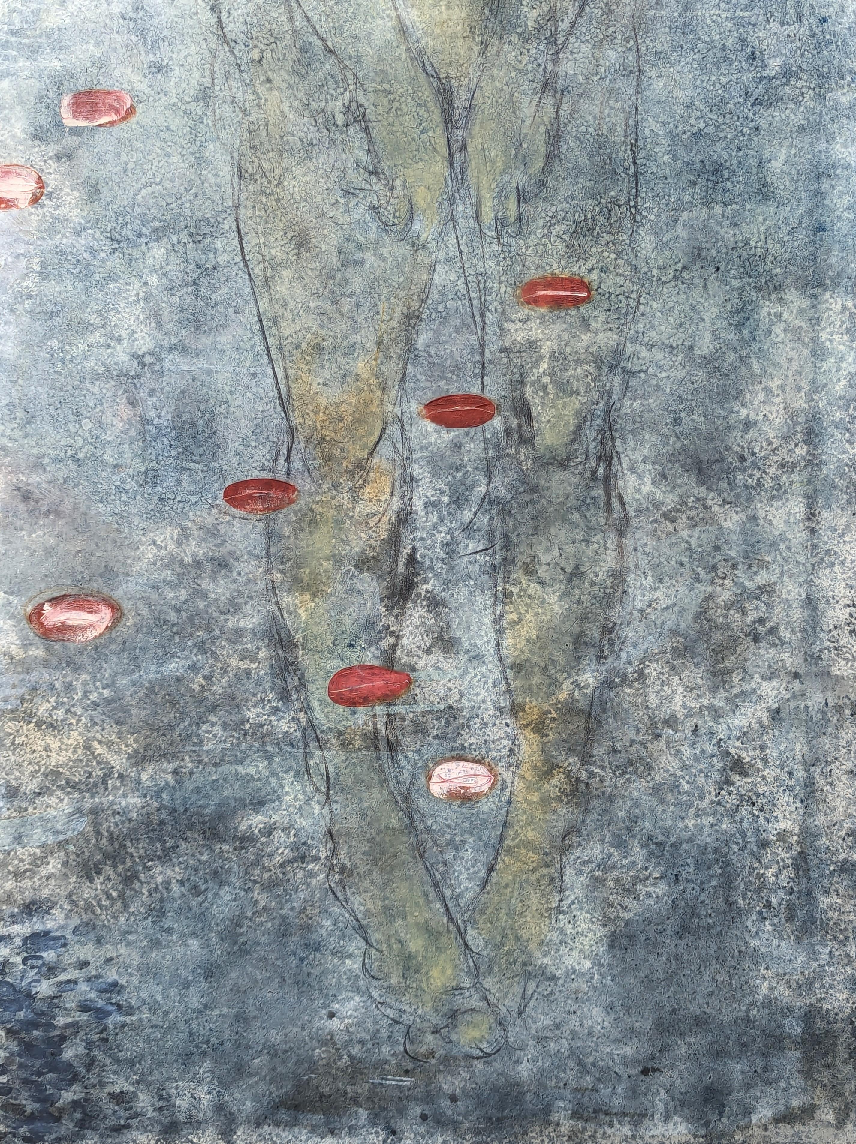 Peinture abstraite au pastel d'une figure par l'artiste contemporaine sud-africaine Claire Gavronsky. L'œuvre représente un personnage nu, les mains pendantes, qui semble suspendu sur un fond gris pâle et rose.
Signé et daté au verso. Actuellement