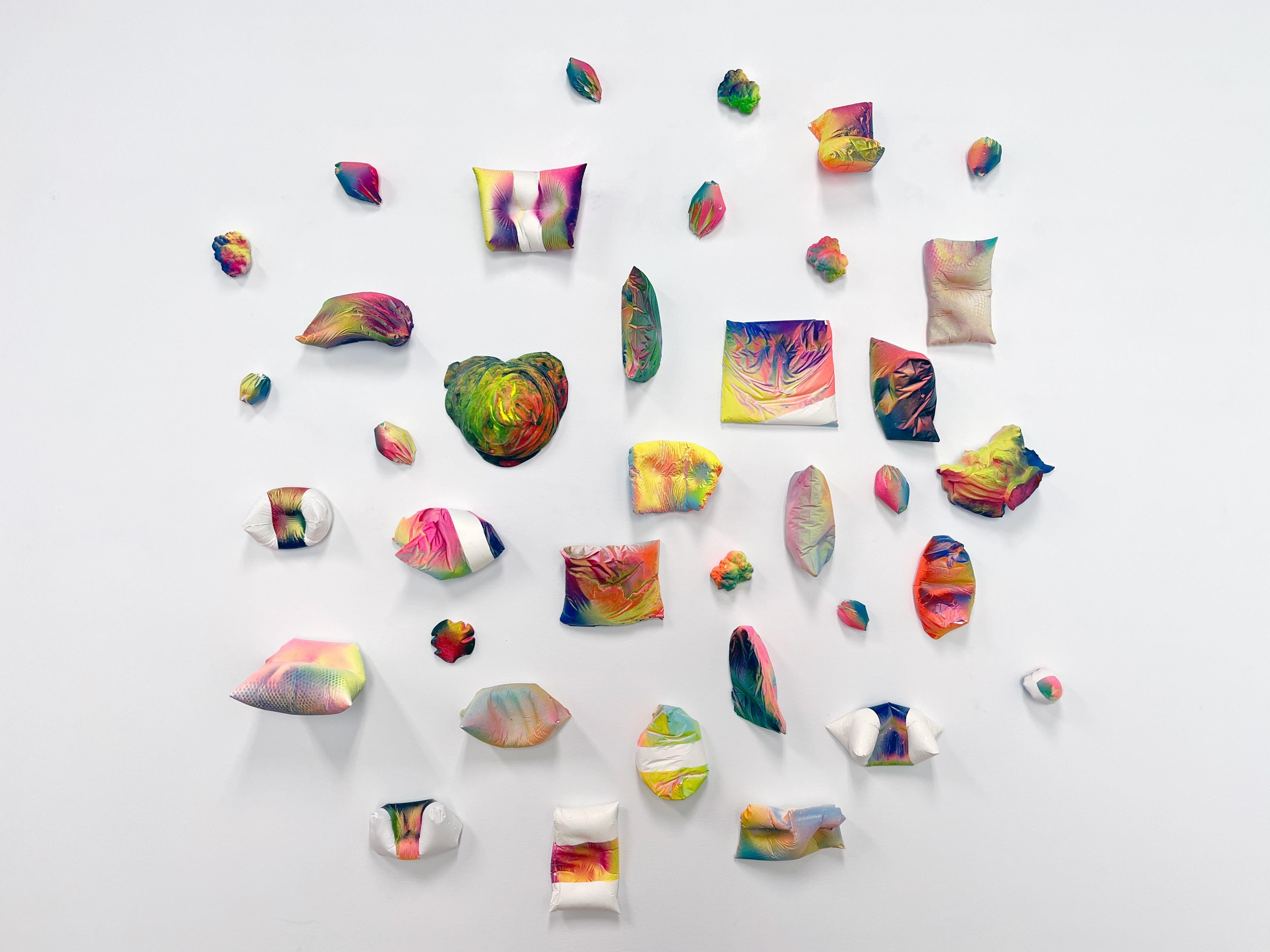 Contemporary Spray Paint Splatter Plush Sculpture Neon Fluorescent Lucid Mandala - Beige Abstract Sculpture by Claire Ashley