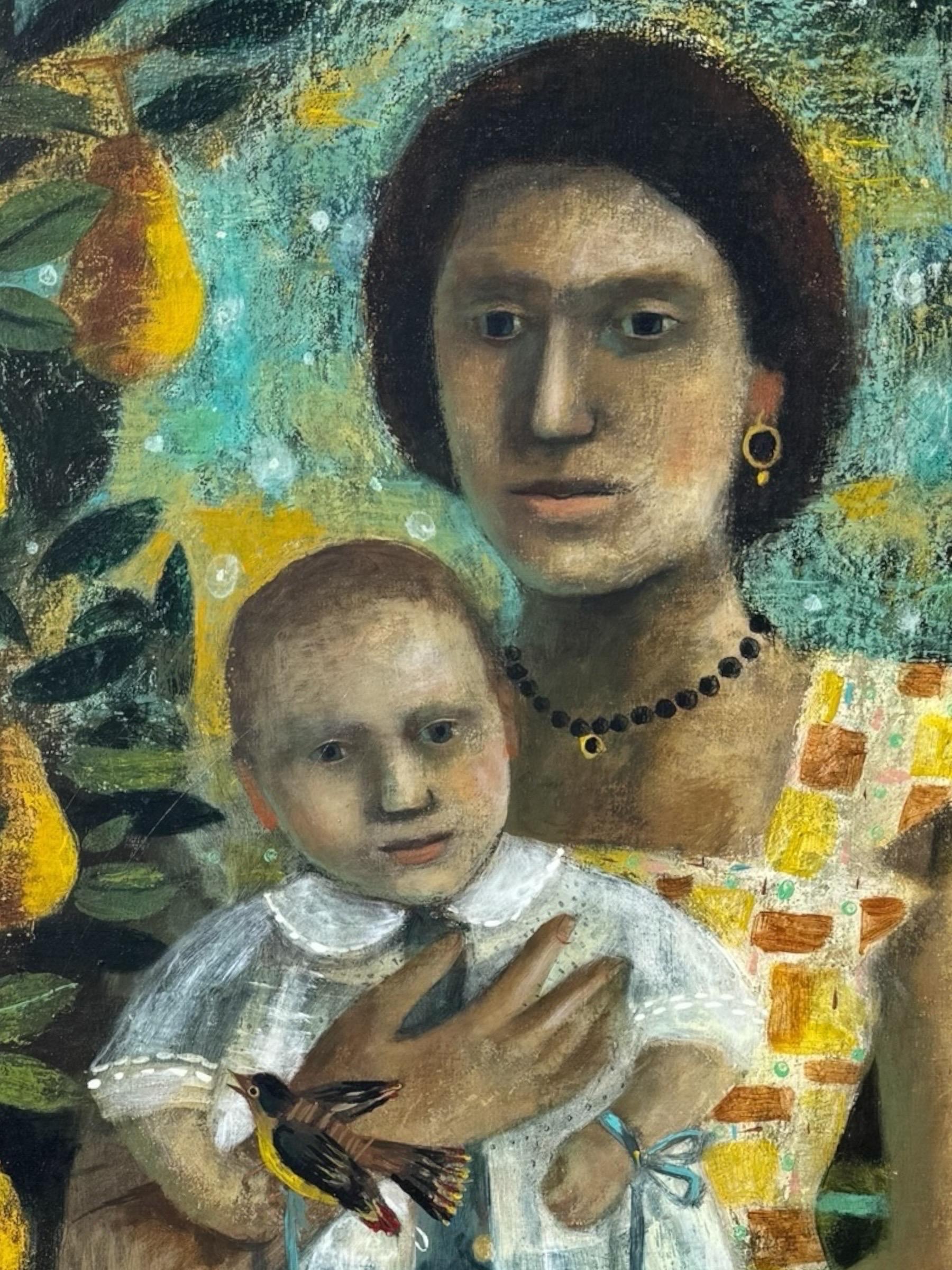 Huile sur toile signée et encadrée de l'artiste américaine Claire B.Cotts. Le tableau, atypique dans son style, représente un portrait d'une mère et d'un enfant près d'une fenêtre. L'enfant a un oiseau attaché avec un ruban à son poignet, et l'on