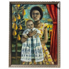 Claire B Cotts Huile sur toile signée Mère et enfant