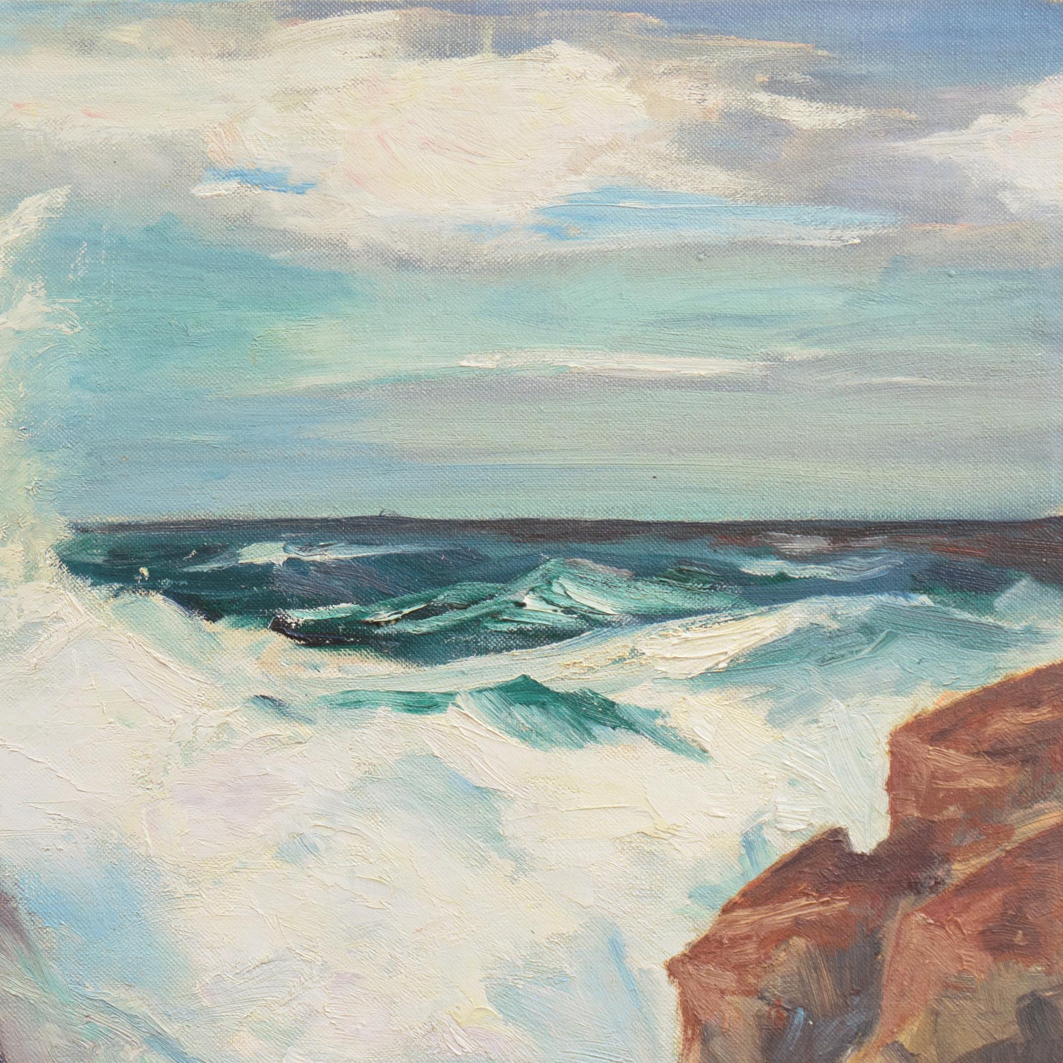 A dramatic and lyrical impressionist seascape showing a view of the California coast with the surf breaking on rugged coastal rocks.

Signed lower left, 'Claire Baldwin' (American, 20th century) and dated 1955.

Framed Dimensions: 23.5 H x 27.5 W x