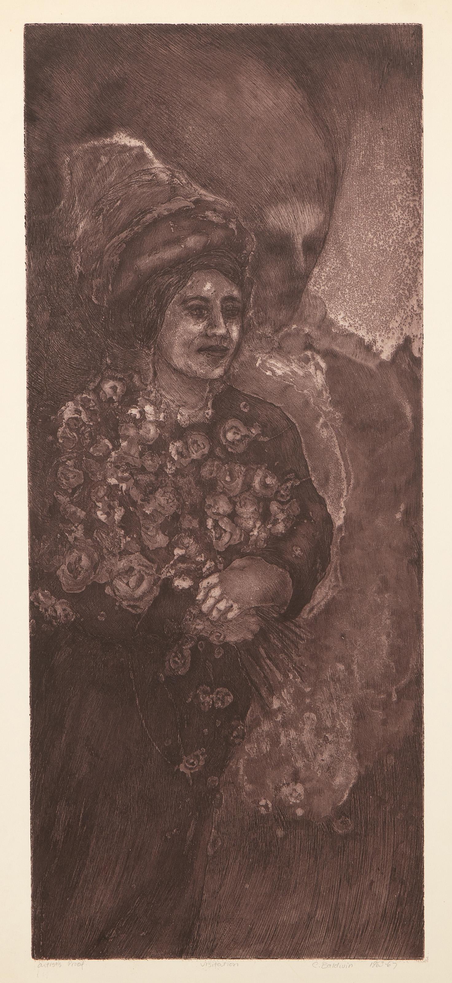 Claire Baldwin Portrait Print - Visitation, Surrealist Etching by C Baldwin