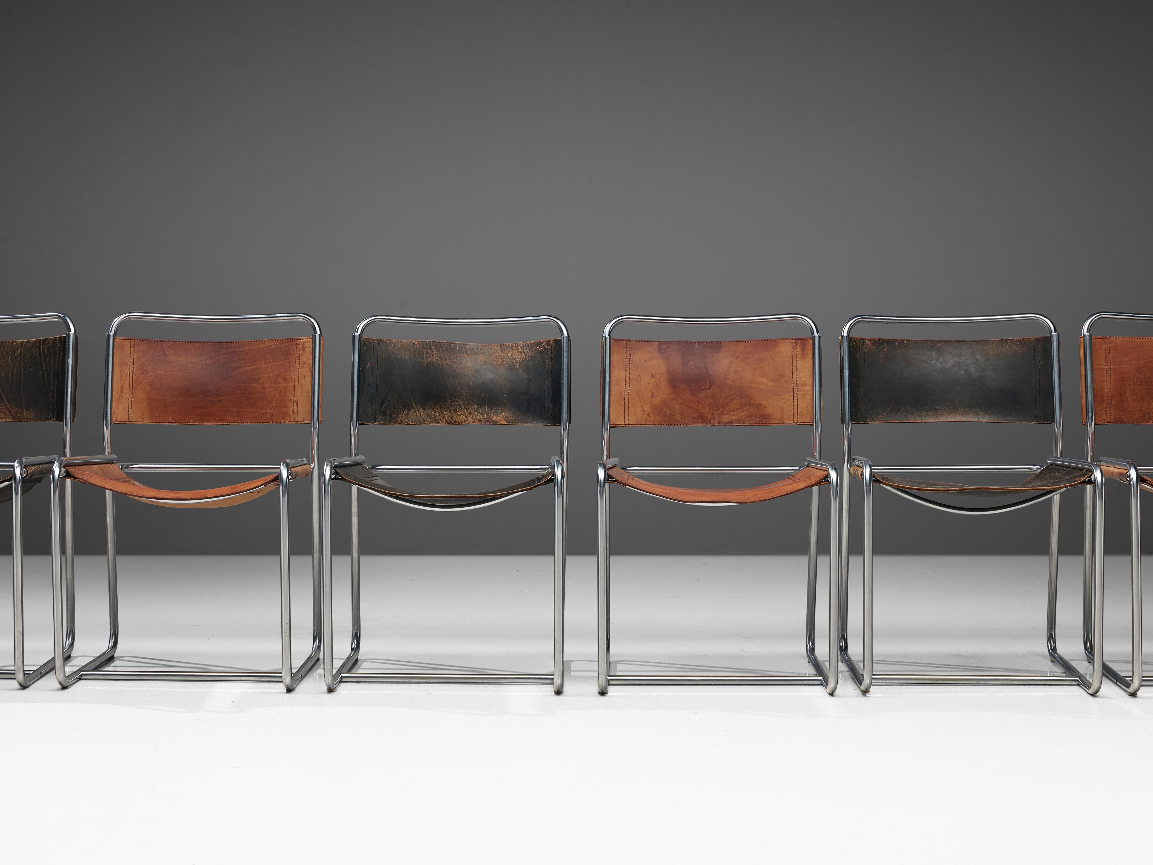 Dutch Claire Bataille and Paul Ibens Dining Chairs in Cognac and Black Leather