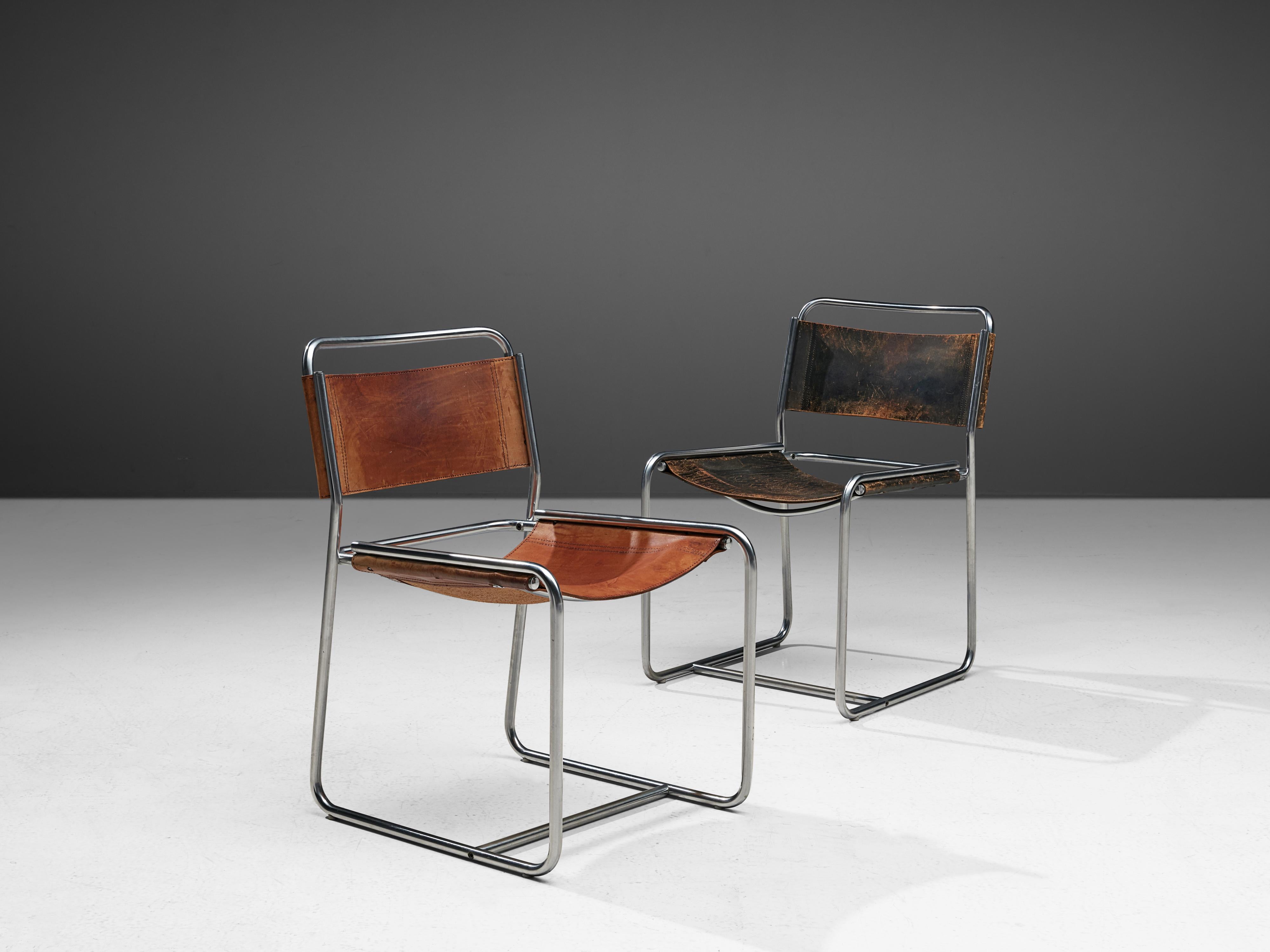 Metal Claire Bataille and Paul Ibens Dining Chairs in Cognac and Black Leather