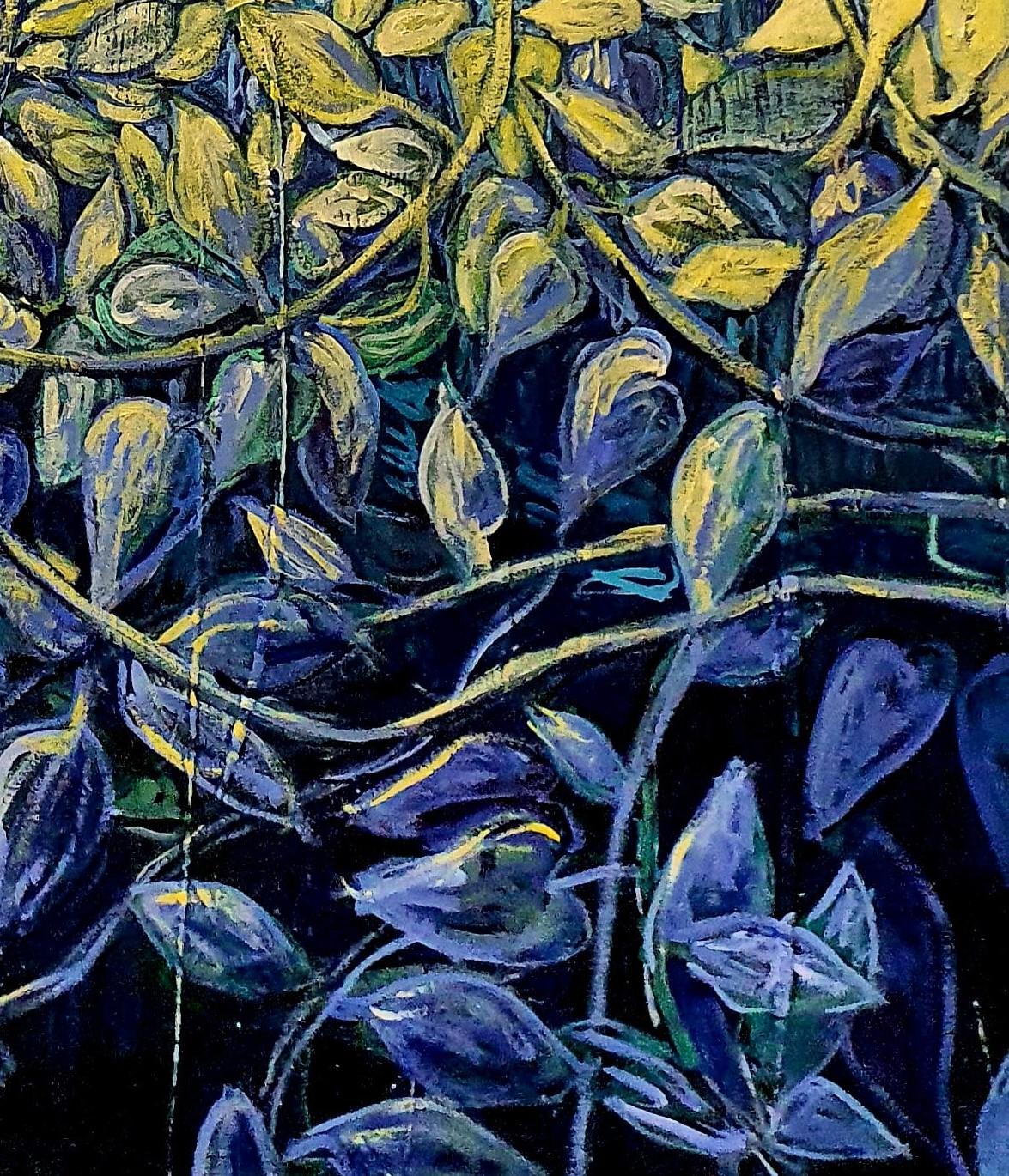 Peinture de paysage exotique colorée « Through the Grapevine » (A travers la vigne) - Painting de Claire Denarie-Soffietti