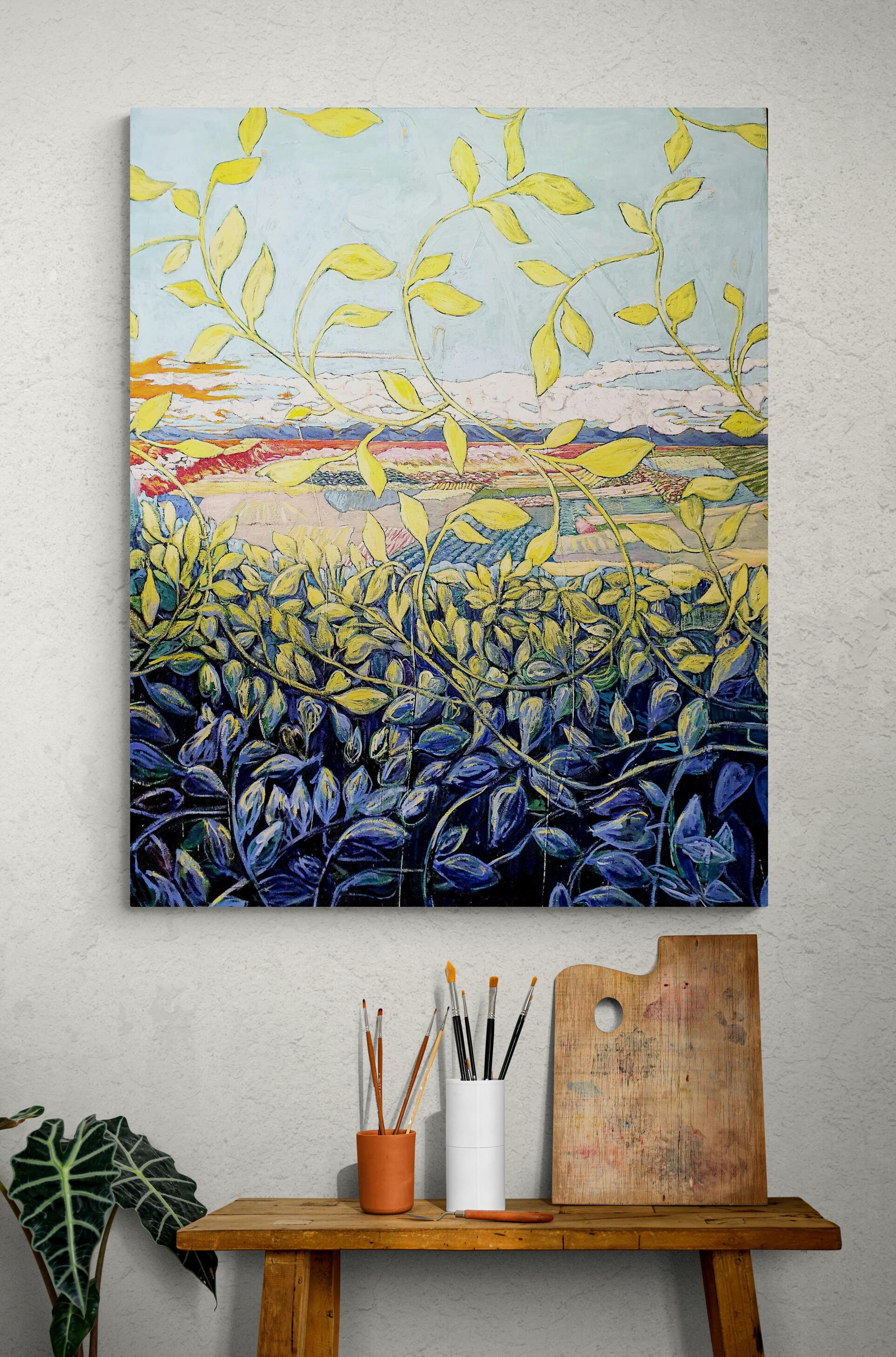 Peinture de paysage exotique colorée « Through the Grapevine » (A travers la vigne) en vente 1