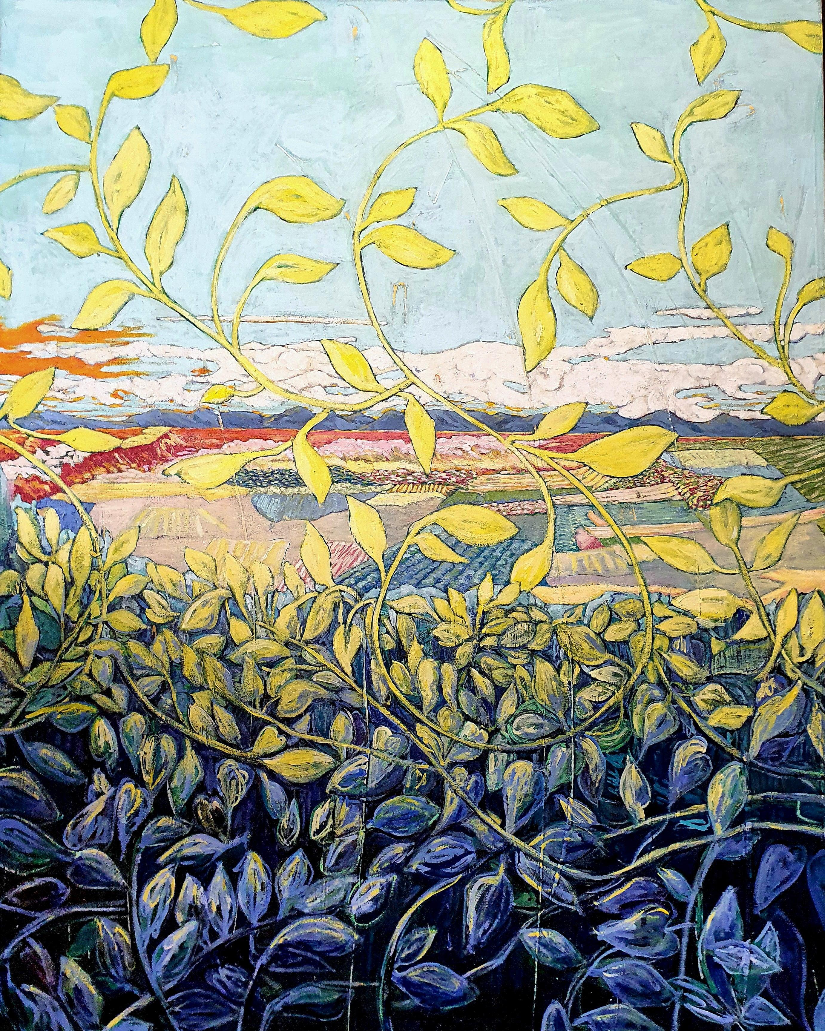 Peinture de paysage exotique colorée « Through the Grapevine » (A travers la vigne)
