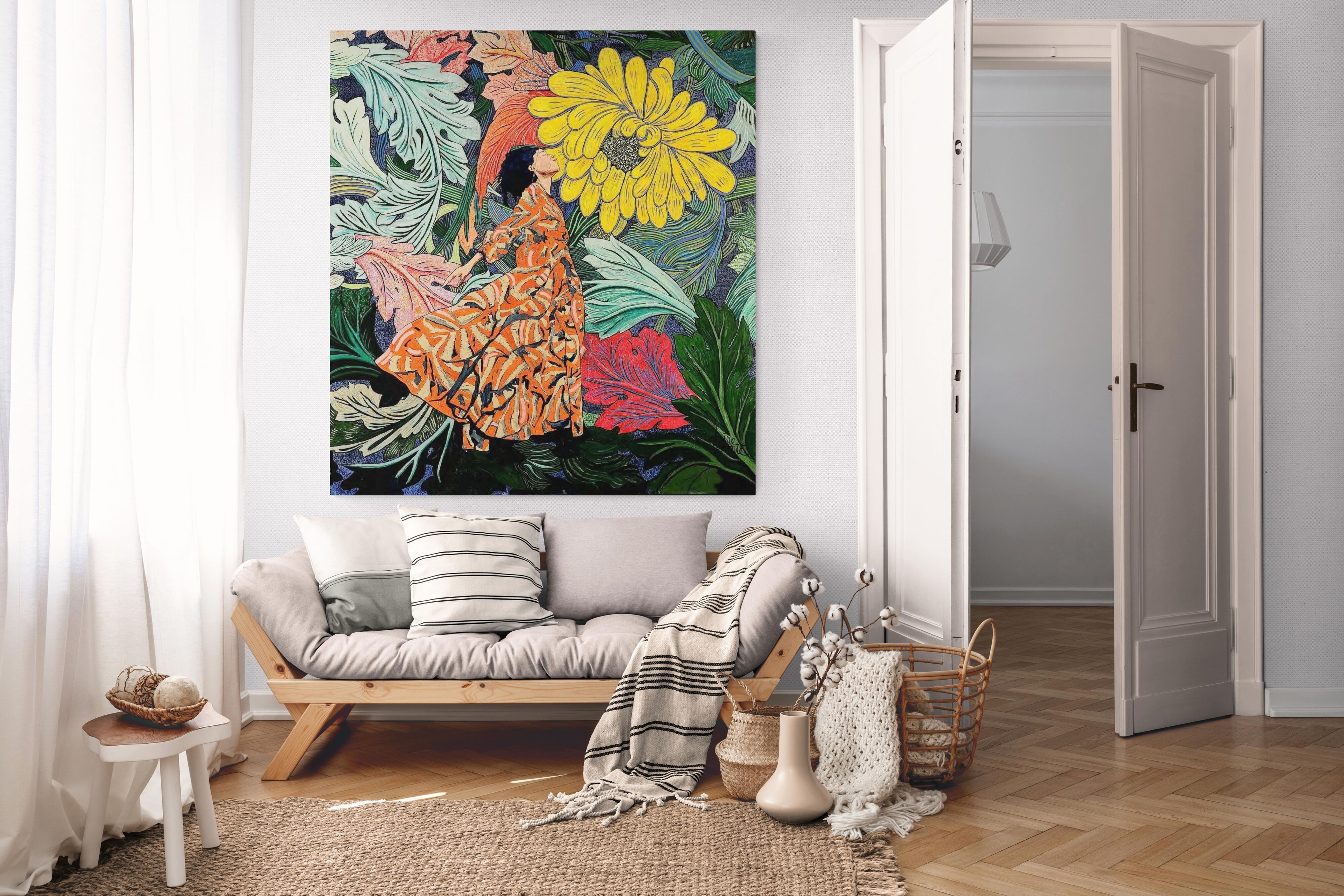 Großes farbenfrohes exotisches geblümtes Gemälde „Burst in Bloom“ im Angebot 1