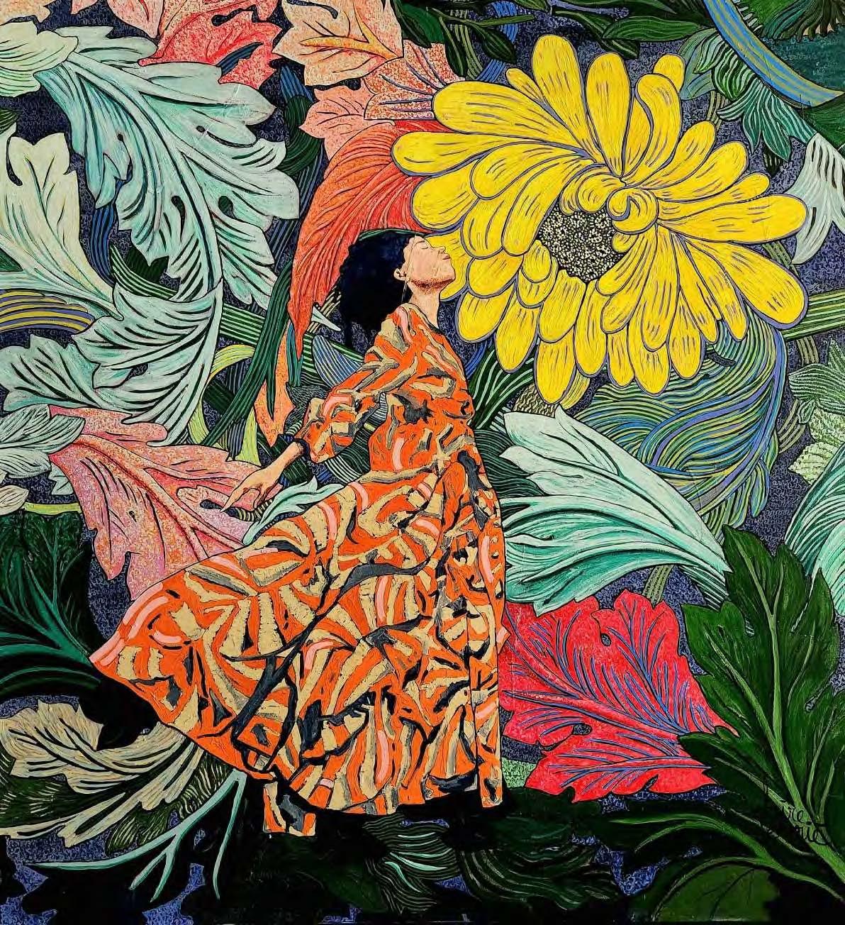 Claire Denarie-Soffietti Landscape Painting – Großes farbenfrohes exotisches geblümtes Gemälde „Burst in Bloom“