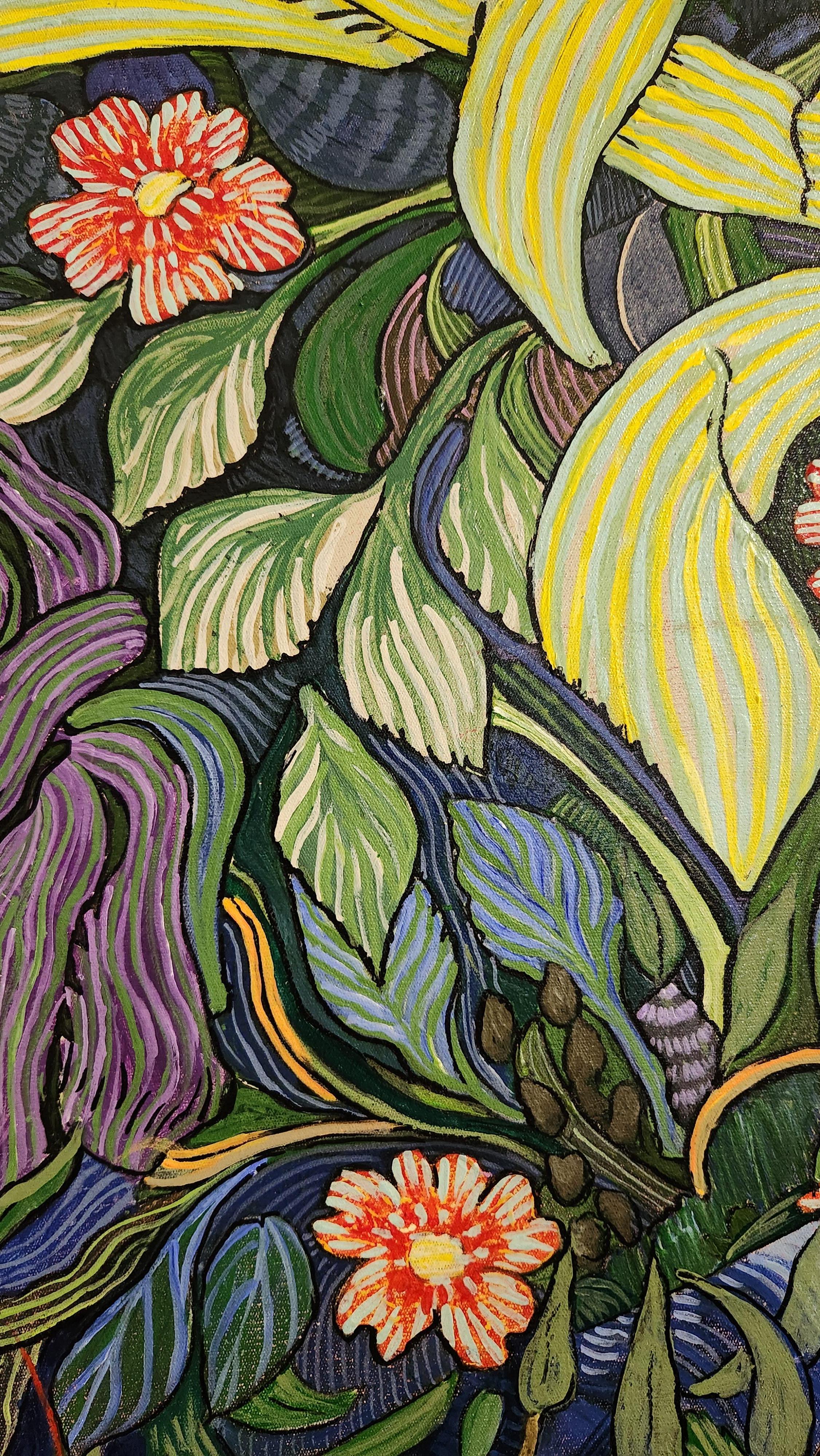 Une peinture exotique unique, de taille moyenne à grande, aux couleurs et aux détails éclatants. Le style de la peinture montre des influences des post-impressionnistes et des fauves, tout en étant indéniablement contemporain, avec un caractère