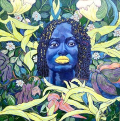 Large Colourful Yellow and Blue Exotic Floral Portrait Painting "Jaune Citron"