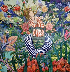Grande nature morte florale exotique colorée Peinture figurative "Rêves et Pyjamas"