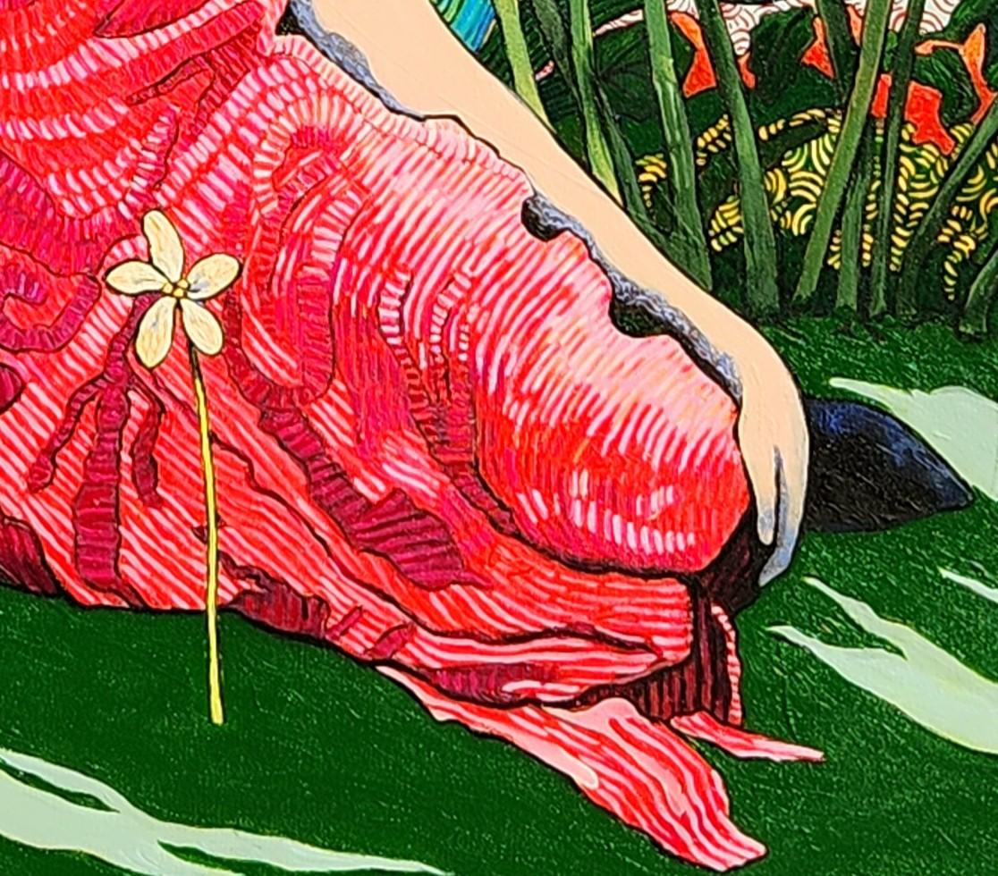 Une peinture figurative unique, à grande échelle, avec un arrière-plan exotique et vivant. Le style de la peinture montre des influences des post-impressionnistes, tout en étant indéniablement contemporain, avec un caractère flamboyant et optimiste.