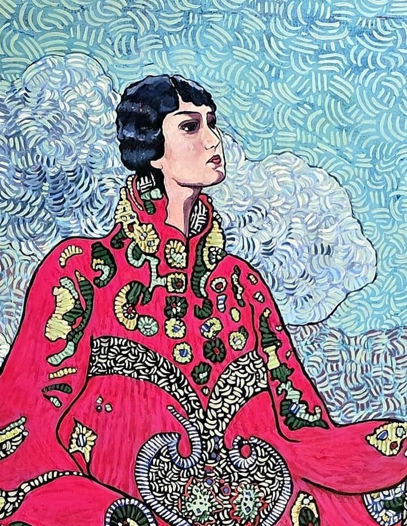 A unique, large scale figurative painting with a vivid, exotic background. The painting style shows influences from the post-impressionists, yet is undeniably contemporary, with an up-beat flamboyant character. Soffietti’ figures have secrets, and