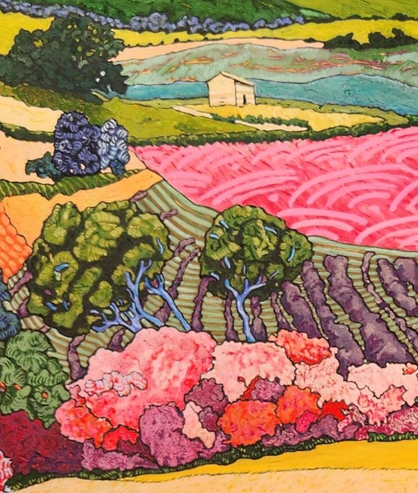 Ein einzigartiges, großformatiges figuratives Gemälde mit einem lebhaften, exotischen Hintergrund. Der Malstil zeigt Einflüsse der Postimpressionisten, ist aber unbestreitbar zeitgenössisch und hat einen fröhlichen, extravaganten Charakter.