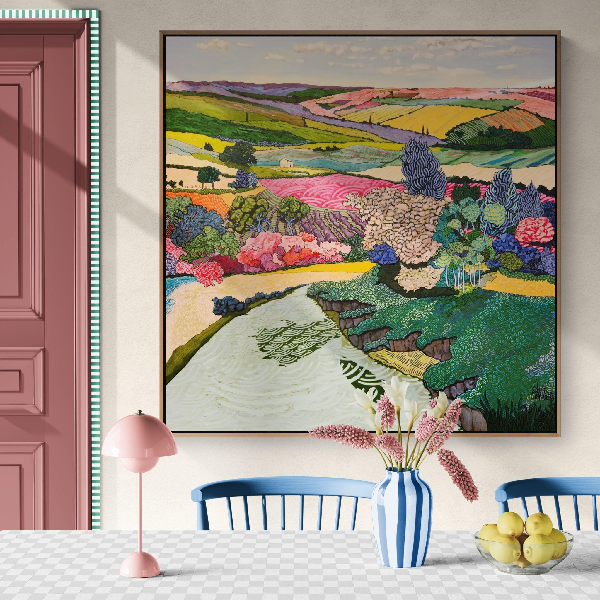 Großes farbenfrohes exotisch-impressionistisches Landschaftsgemälde 