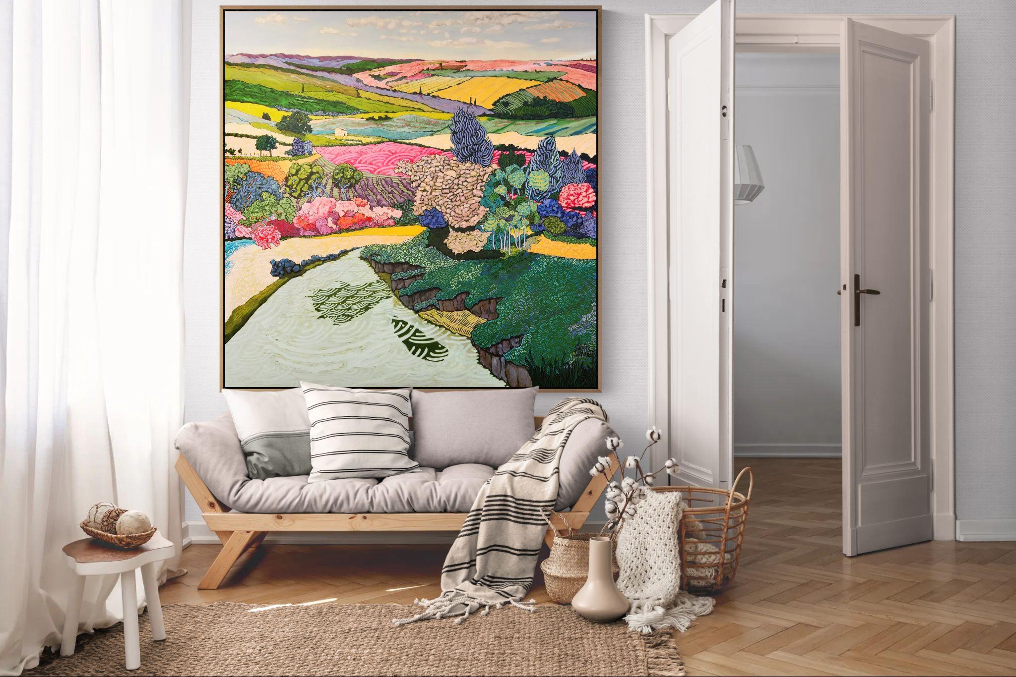 Großes farbenfrohes exotisch-impressionistisches Landschaftsgemälde 